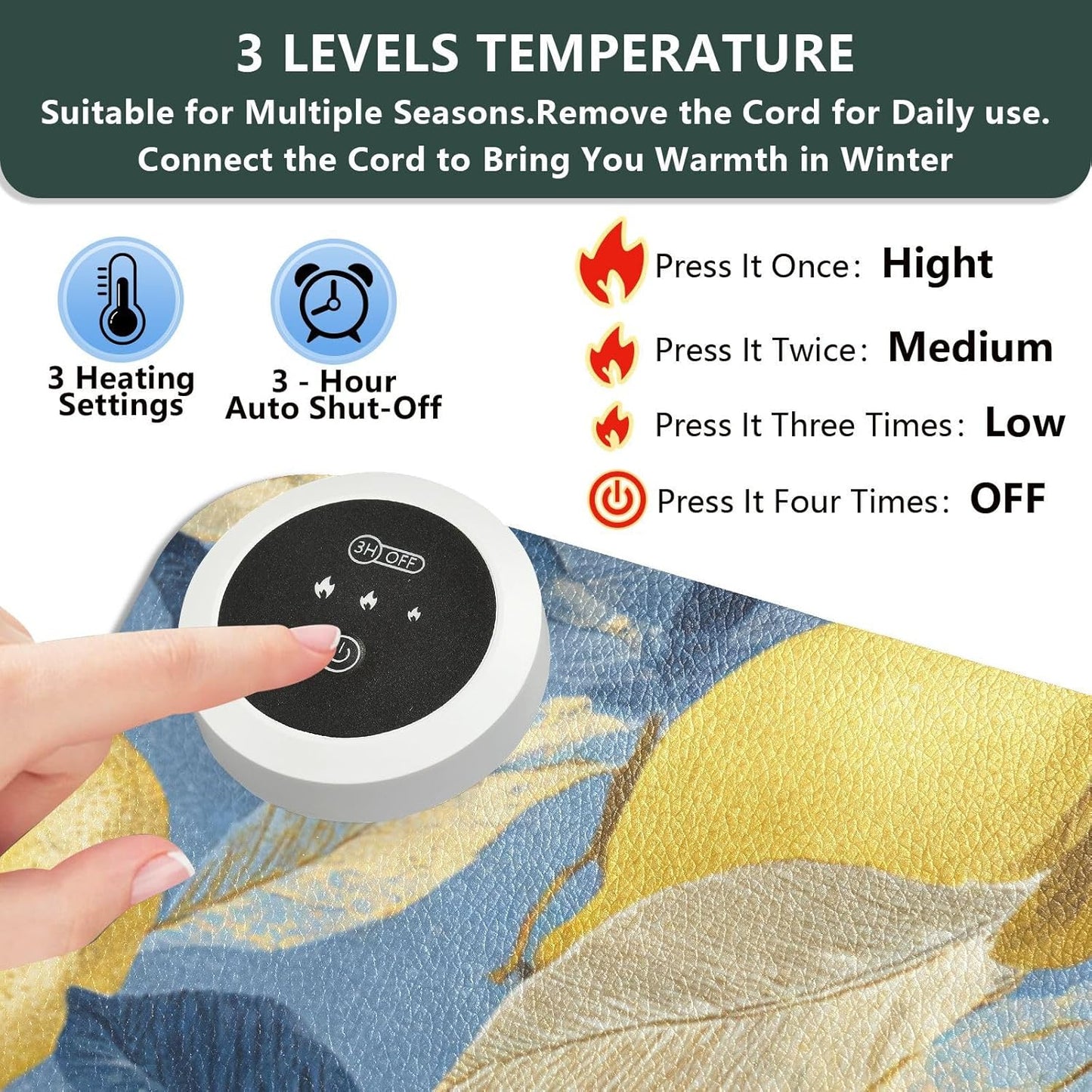 Heated Desk Pad Mouse Pad 31.5x13 Inch PU Leather Desk Mat with 3 Heat Levels Large Mouse Gaming Computer Laptop Mat Blue Lemon Leaves