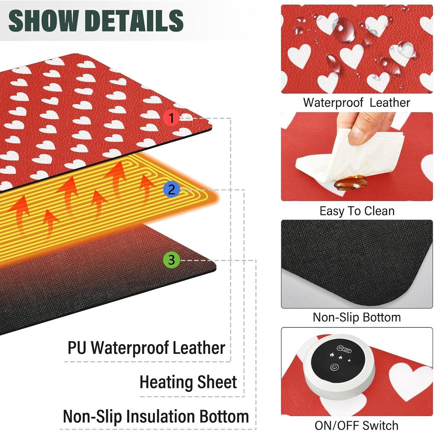 Heated Desk Pad Mouse Pad 31.5x13 Inch PU Leather Desk Mat with 3 Heat Levels Large Mouse Gaming Computer Laptop Mat Red Heart Valentine