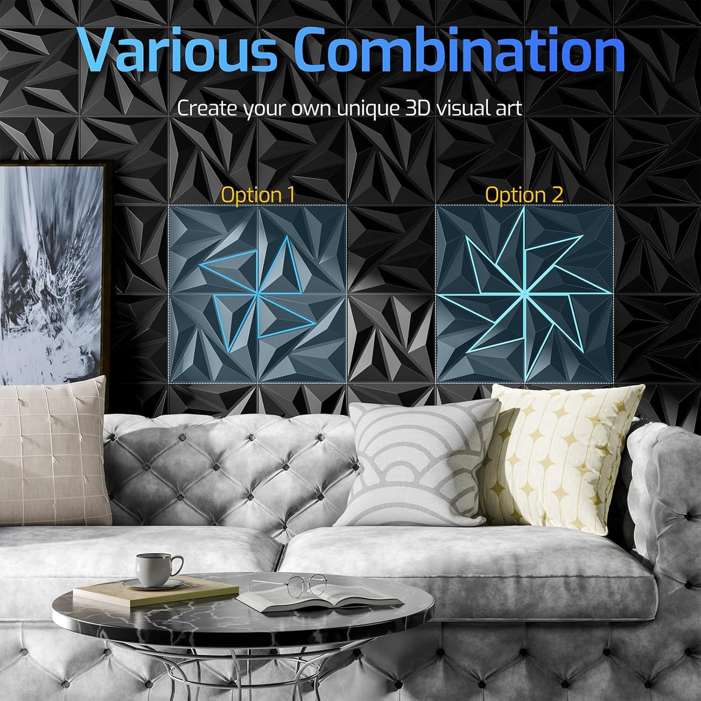 3D Wall Panels for Interior Wall Decor, 32 pcs PVC Wall Panels, 11.8''x11.8'' Decorative Accent Wall Panels for Game Rooms, TV Walls Background, Living Rooms, Decorative Wall Panels, Black