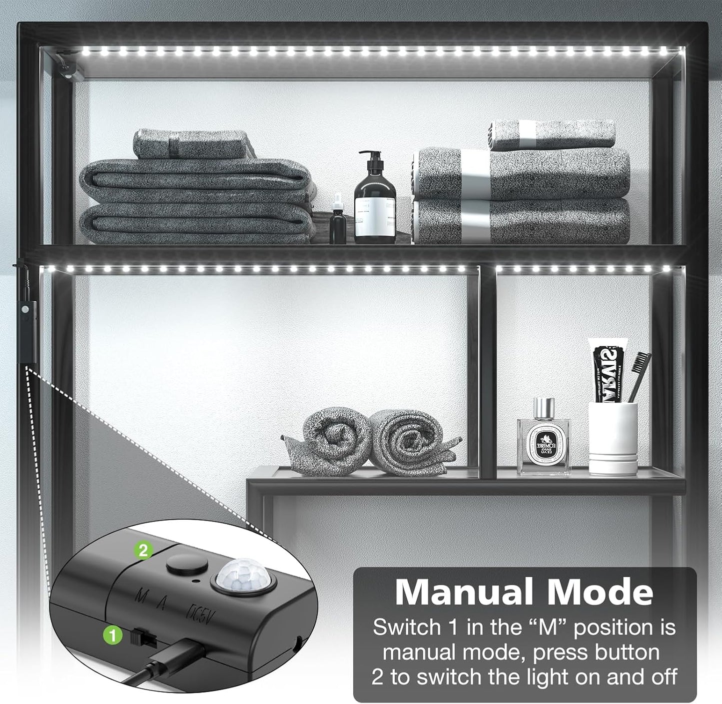 WOBANE LED Closet Light Motion Activated,Battery Powered Stick-on Anywhere,Homelife Motion Sensor Strip Lighting,Rechargeable Night Lights for Closet Hallway Stairway 6.56ft,6000K White,Black