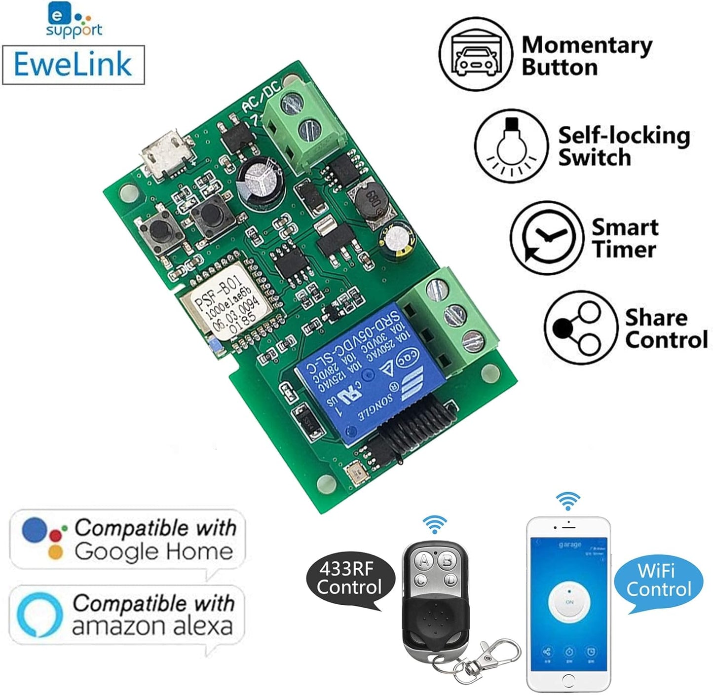 1-Channel Ewelink App Remote Control WiFi Wireless Switch Relay, self-Locking, Interlock Mode, with 433RF Remote Control, Used to Access and Control Smart Garage Doors
