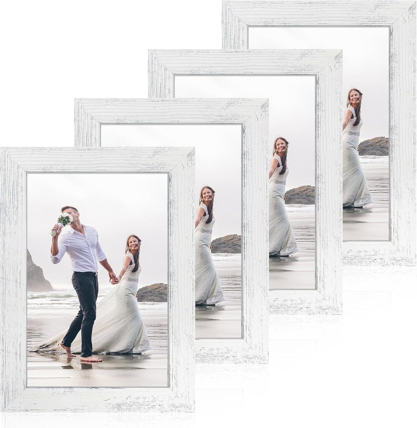 iRahmen 6x9 Picture Frame Set of 4, High Definition Glass Distressed White Frame, 6 x 9 Wood Photo Frames for Horizontal or Vertical Tabletop Display and Wall Mounting