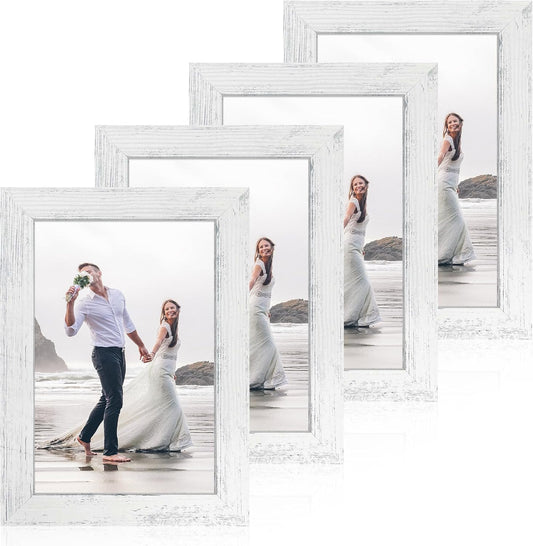 iRahmen 6x9 Picture Frame Set of 4, High Definition Glass Distressed White Frame, 6 x 9 Wood Photo Frames for Horizontal or Vertical Tabletop Display and Wall Mounting