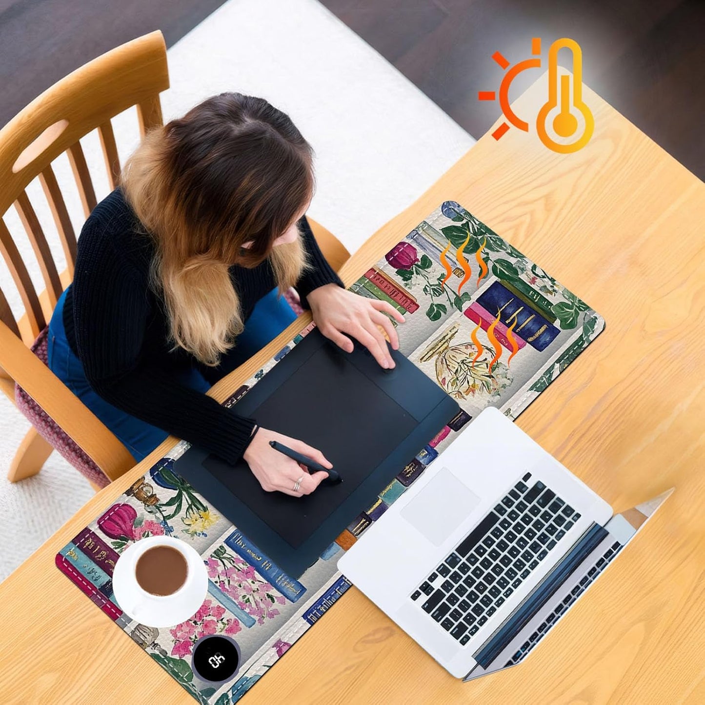 Heated Mouse Pad 31.5x13 in 3-Temp Fast Heating Desk Mat with Auto Timer Warmer for Hands Wrist Pain Relief Waterproof Keyboard Mat for Office, Gaming, Home, Bookshelf Floral
