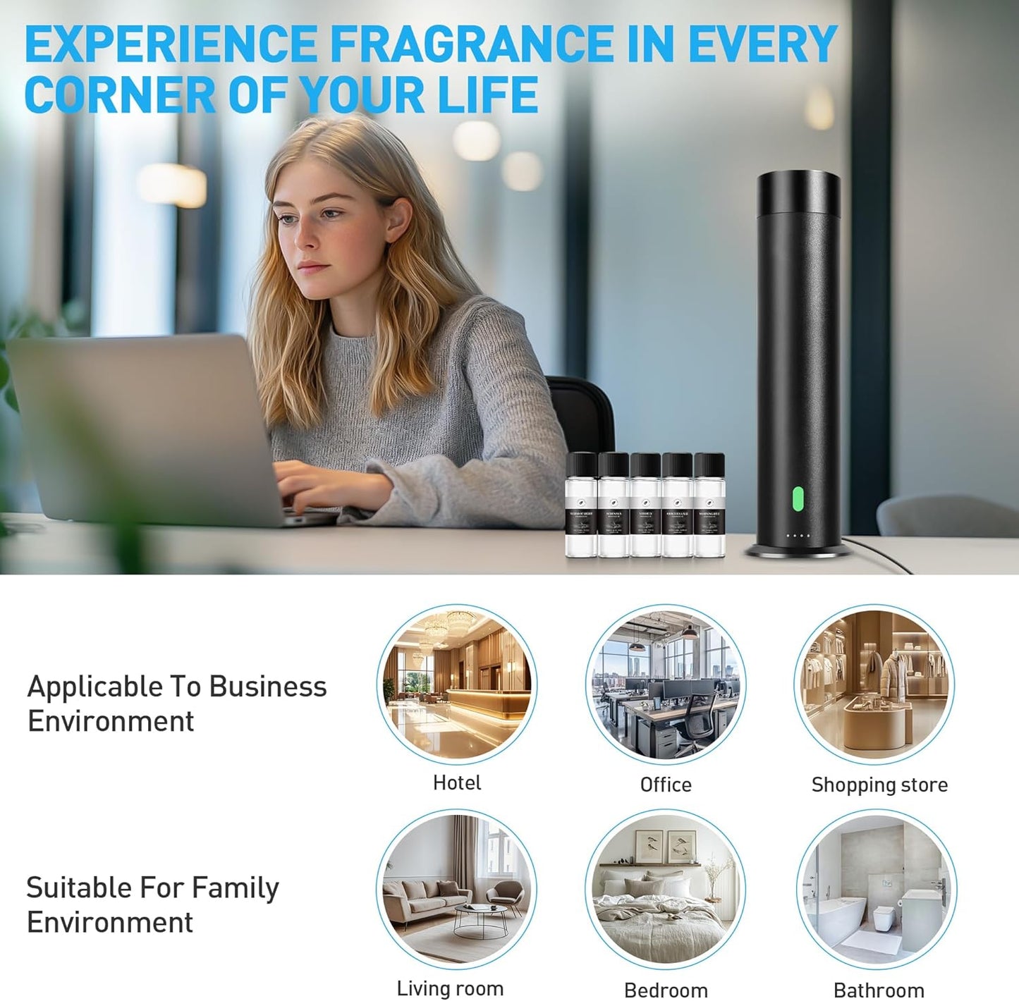 Waterless Scent Diffuser Starter Kit - 1000 Sq Ft Coverage, Hotel Scent Diffuser, Essential Oil Diffuser Large Room, Included 5 Scent Oils, Remote Control, SandGreen