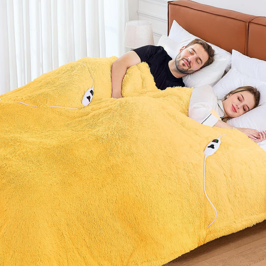 Heated Electric Blanket Queen–Faux Fur with Soft Thick SherpaWarm Winter Birthday Gifts for Women Grandma,Dual Control,10 Heat Settings,5 Time Settings, 84x90, Beige