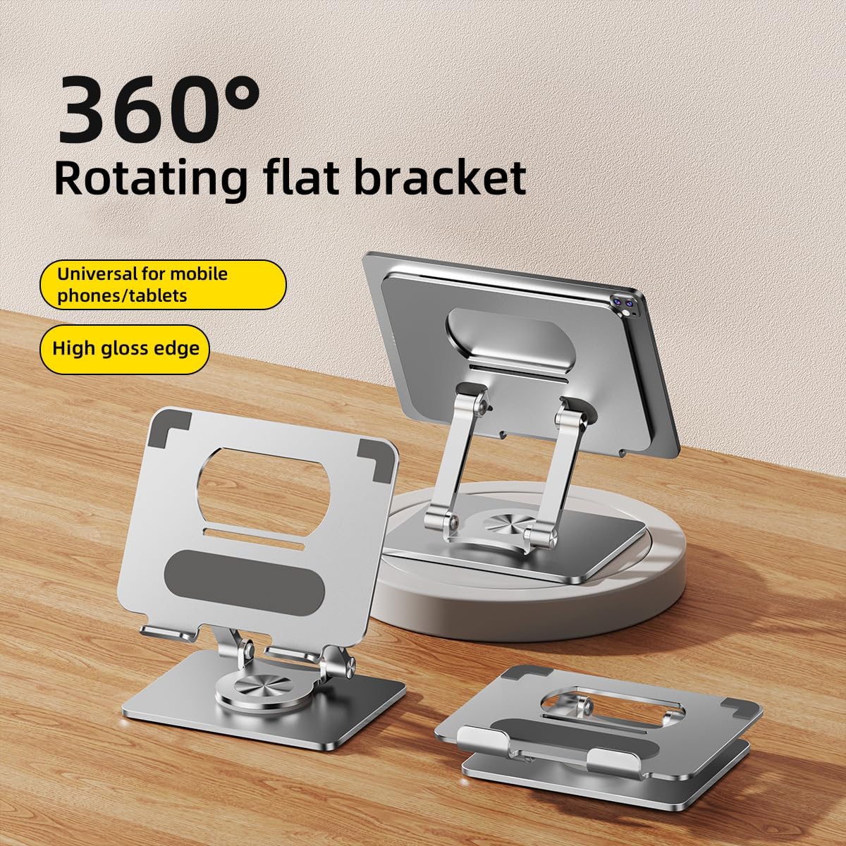 iPad Holder Stand, Tablet Holder with Thickened 360° Rotating Base Dual Rod Adjustable Aluminum Stand for All 4-12.9’’ iPad Surface Samsung Phone Tablet Kindle E-Reader and More, Silver