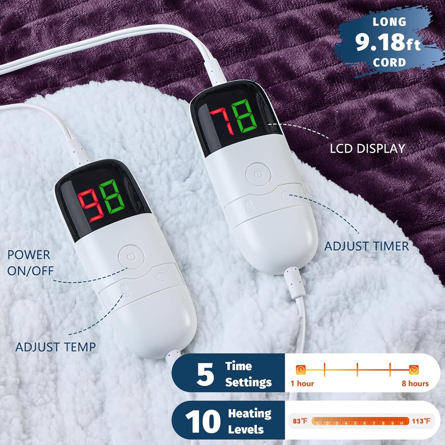 Heated Electric Blanket King Size - 90" x 100" Heating Blanket with Dual Control, 10 Heating Levels & 8 Hours Auto Off, Soft Warm Flannel Blanket, Christmas Birthday Gifts for Senior Grandma
