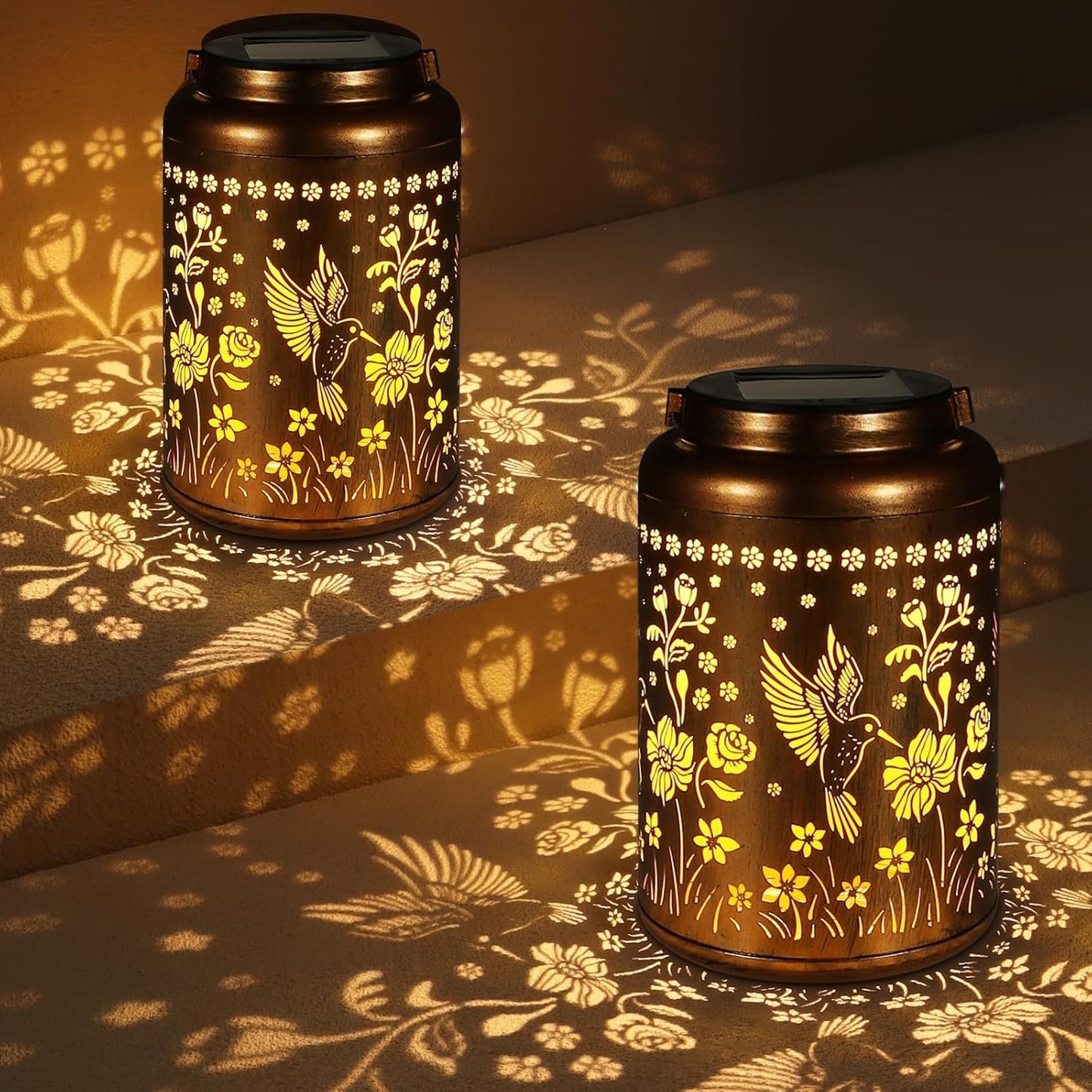 2 Pack Solar Lanterns Outdoor Waterproof, Hummingbird Garden Decor Gifts for Women Mom Grandma Hanging Solar Lights Metal Solar Decoration Outside for Yard, Patio, Lawn, Pathway