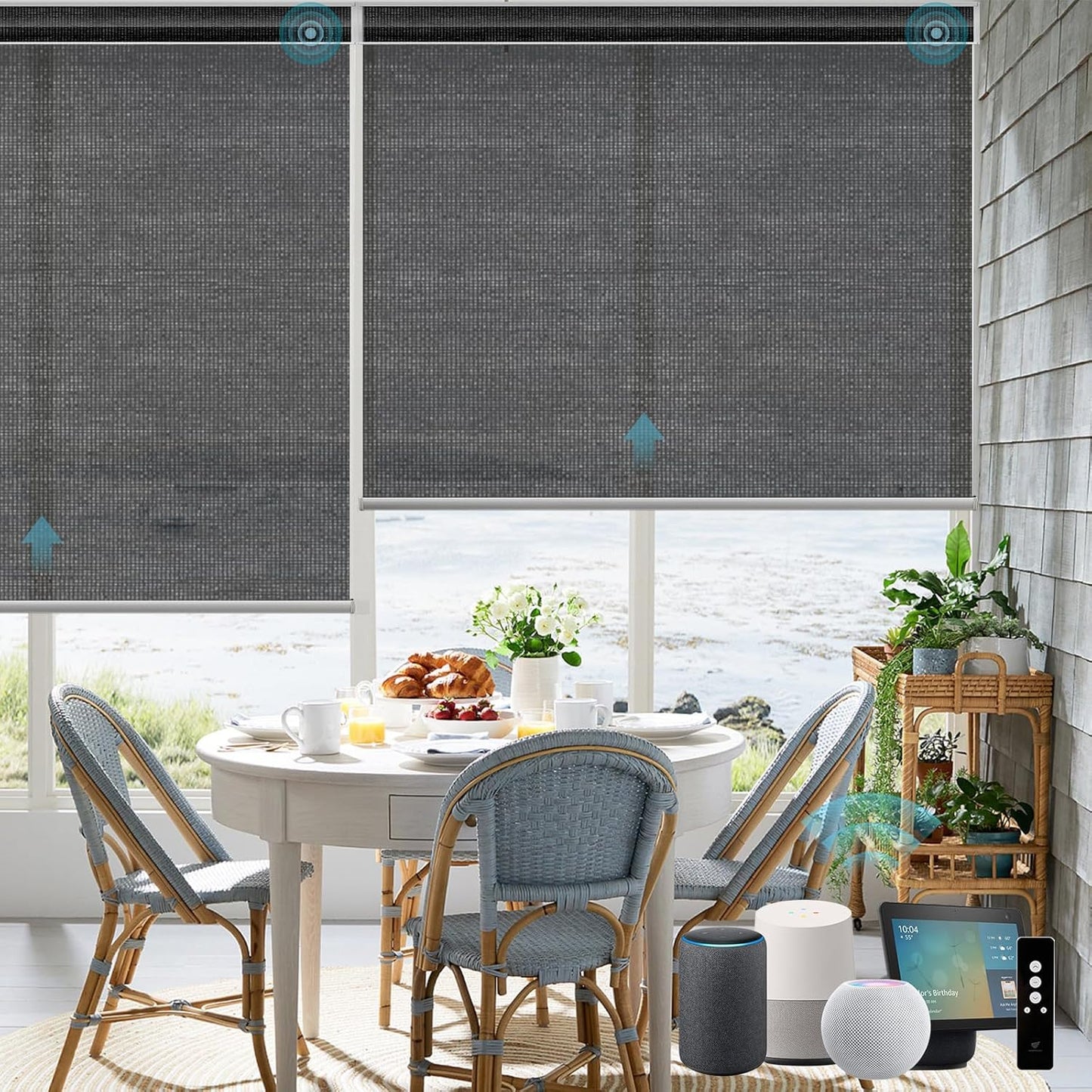 SmartWings Motorized Smart Blinds for Windows in Light Filtering, Electric Remote Roller Shades Compatible with Alexa/Google Home/Homekit, Custom Up to 110”W x 148”H, 5% Openness PVC Free Black