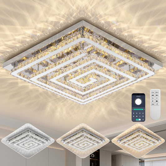 43" Modern Crystal Chandelier with Remote/APP Control, Dimmable Flush Mount Ceiling Light Fixture, 3-Color Temperature, Led Ceiling Lamp for Living Room Bedroom Kitchen Dining Room Entryway