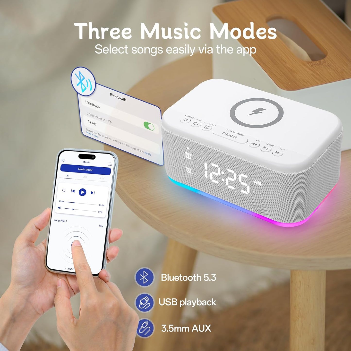 Bluetooth Alarm Clock Radio Bedroom, Digital Dual Alarm Clock Bedroom, Up to 10 Alarms Clock Night Light Speaker App/Button Control FM Charge Snooze Adjustable Volume Dim 12/24H, White