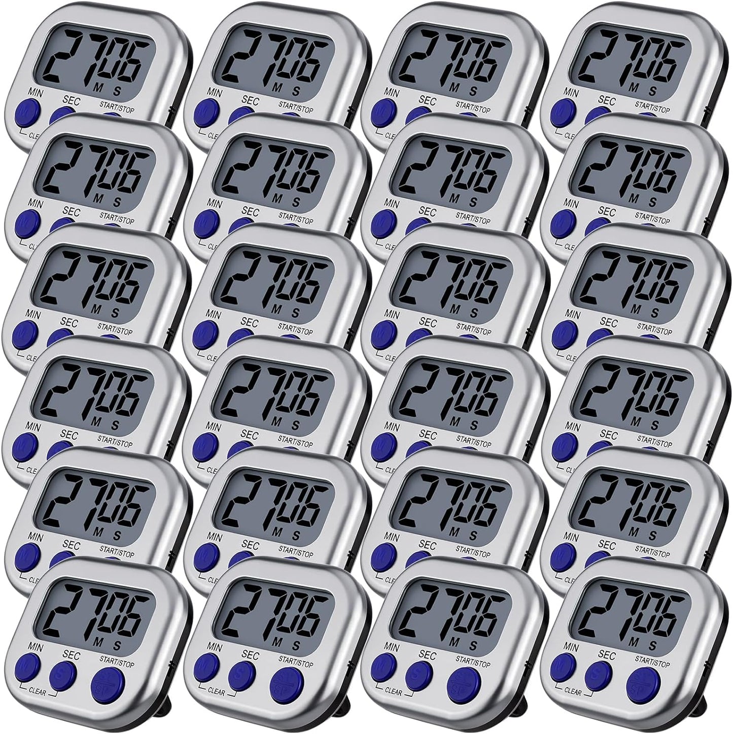 Leumoi 24 Pcs Digital Kitchen Timers Magnetic Back Timers Bulk Large Screen Loud Alarm On/Off Switch Minute Second Count up Countdown Memory Setting for Cooking Classroom Exercise (Sliver and Blue)