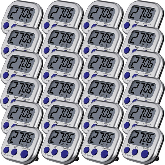 Leumoi 24 Pcs Digital Kitchen Timers Magnetic Back Timers Bulk Large Screen Loud Alarm On/Off Switch Minute Second Count up Countdown Memory Setting for Cooking Classroom Exercise (Sliver and Blue)