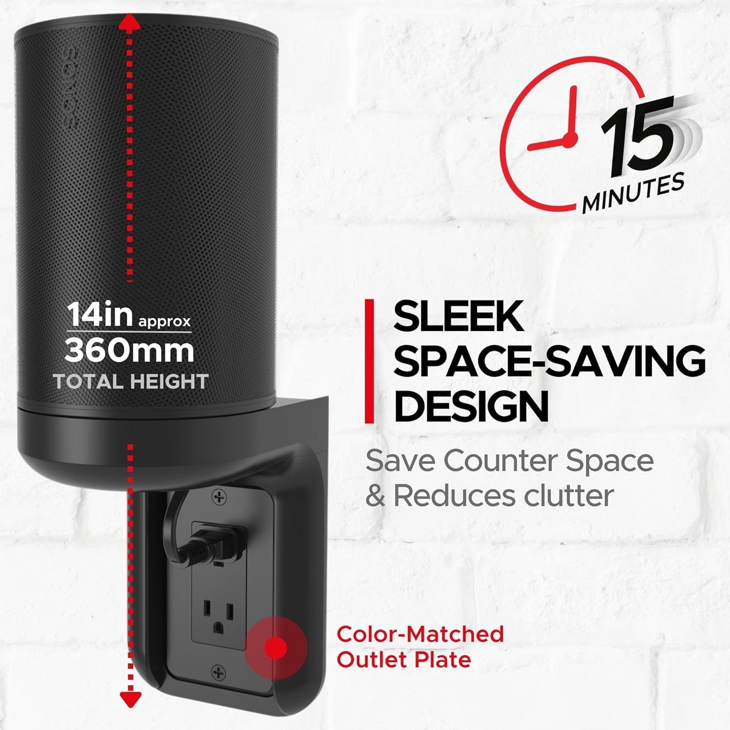 Sound Bass ERA100 Shelf Wall Outlet AC, Black, Home, Compatible with Sonos ERA 100, Plug Mount Organizer, Bathroom, Kitchen, Bedrooms, Cord Management, Easy Installation, Mounting Kit Included