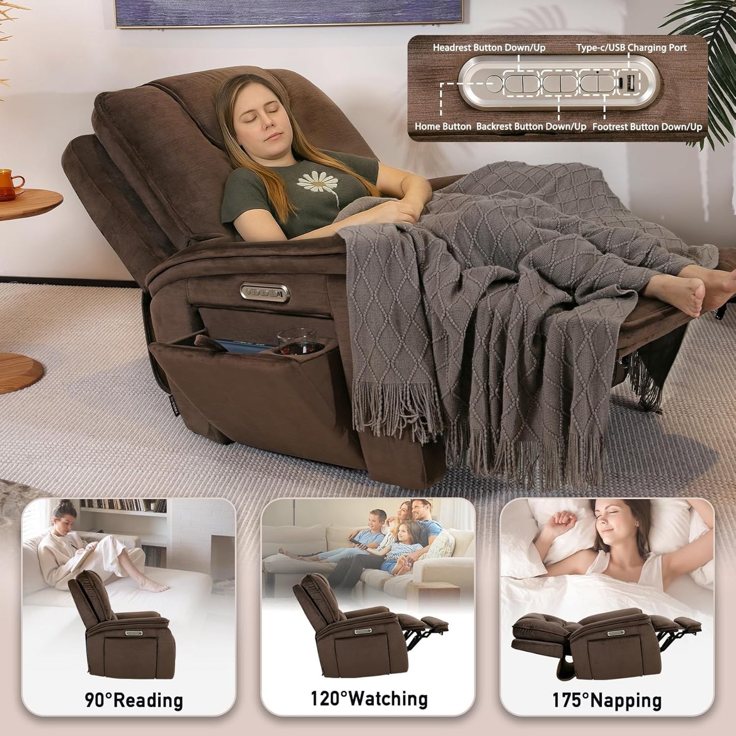 EONIX Triple Motor Lay Flat Zero Gravity Power Recliner Chair with Heat and Massage, Independent Adjustable Backrest Footrest Headrest, 400lbs Heavy Duty Medium Size, Stylish Chenille, Dark Brown