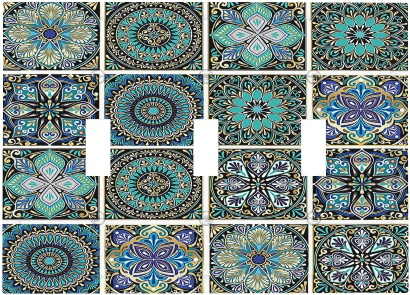 Decorative Switch Plates Mandala Decorative Rustic Vintage Turquoise Pattern 3 Gang Wall Plate Triple Toggle Light Switch Cover Faceplate Electrical Wall Panels for Bedroom Bathroom