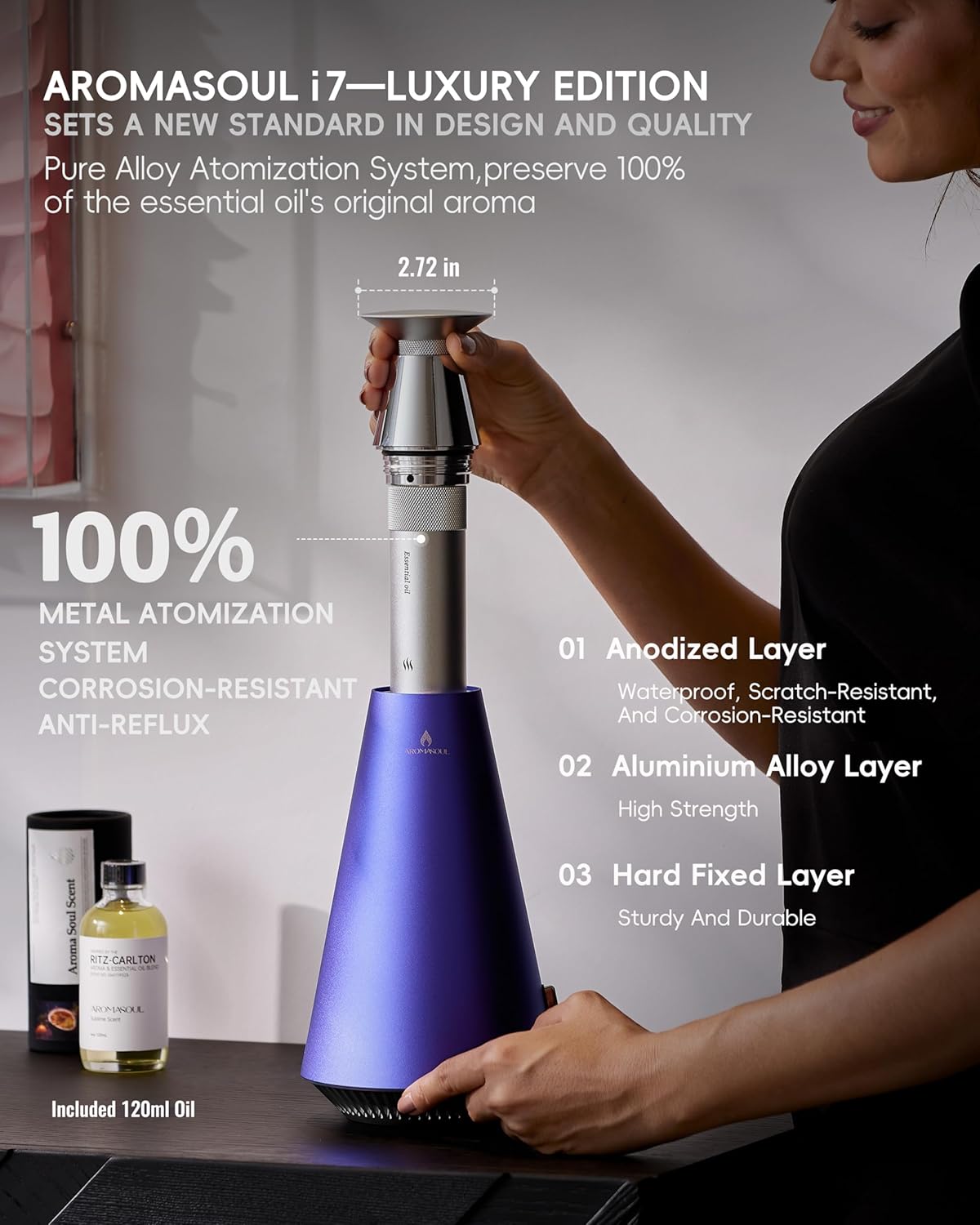 Waterless Scent Diffuser Starter Kit - 1500 Sq Ft Coverage, Alloy Atomization System,Mood Light,Smart Rechargeable Hotel Scent Diffuser, Including 120ml Essential Oil, for Home,Large Room,Spa,Blurple