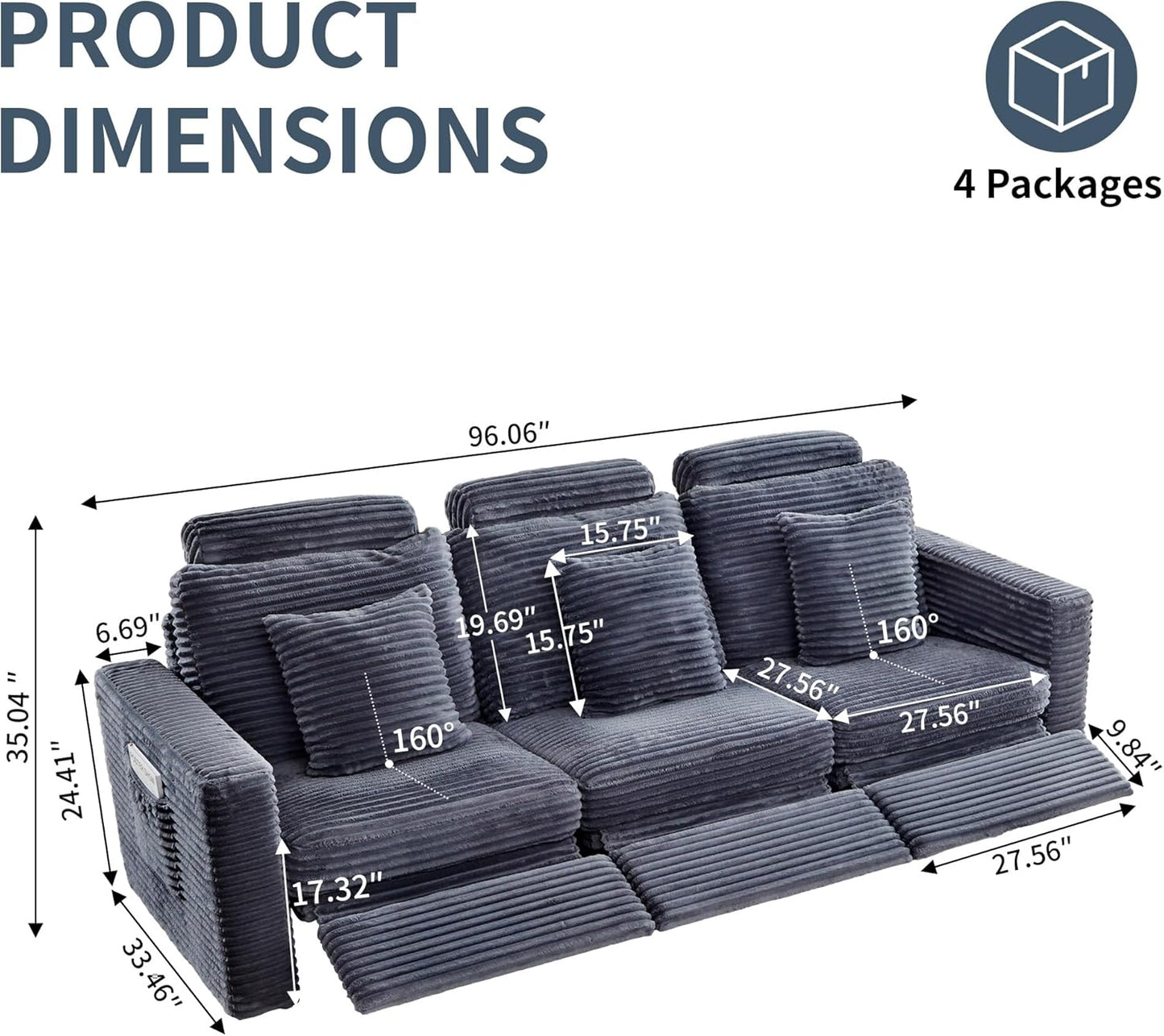 LEVNARY 3-Seater Modular Reclining Sofa, Faux Rabbit Fur Power Recliner Couch with 3 Electric Seats, 3 Pillows & Side Pockets, Adjustable Back & Footrest, Living Room Furniture (Gray)