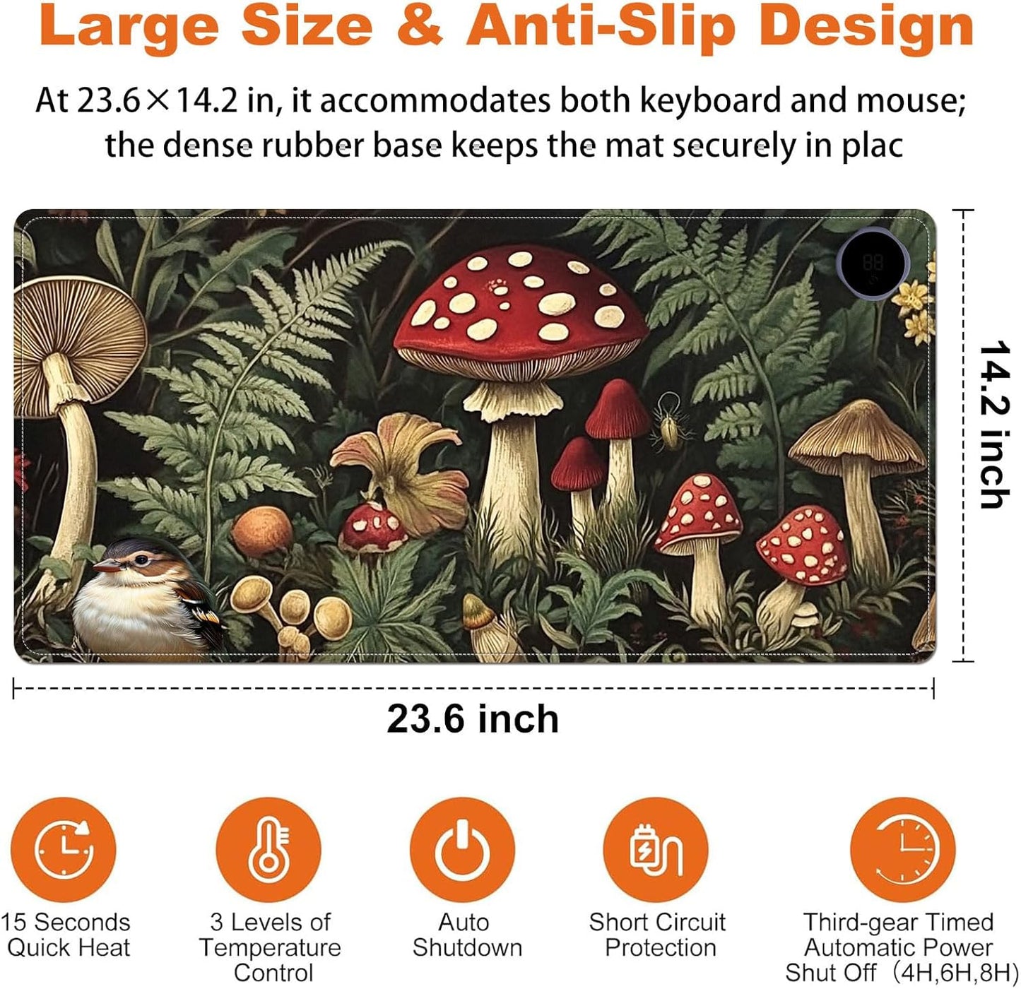 Small Heated Desk Pad 23.6" x 14.2" – Compact Electric Mouse Pad with 3 Heating Levels, Auto Shut-Off, Waterproof PU Surface, Plug-in Warmer for Office or Home Use, Forest Mushrooms