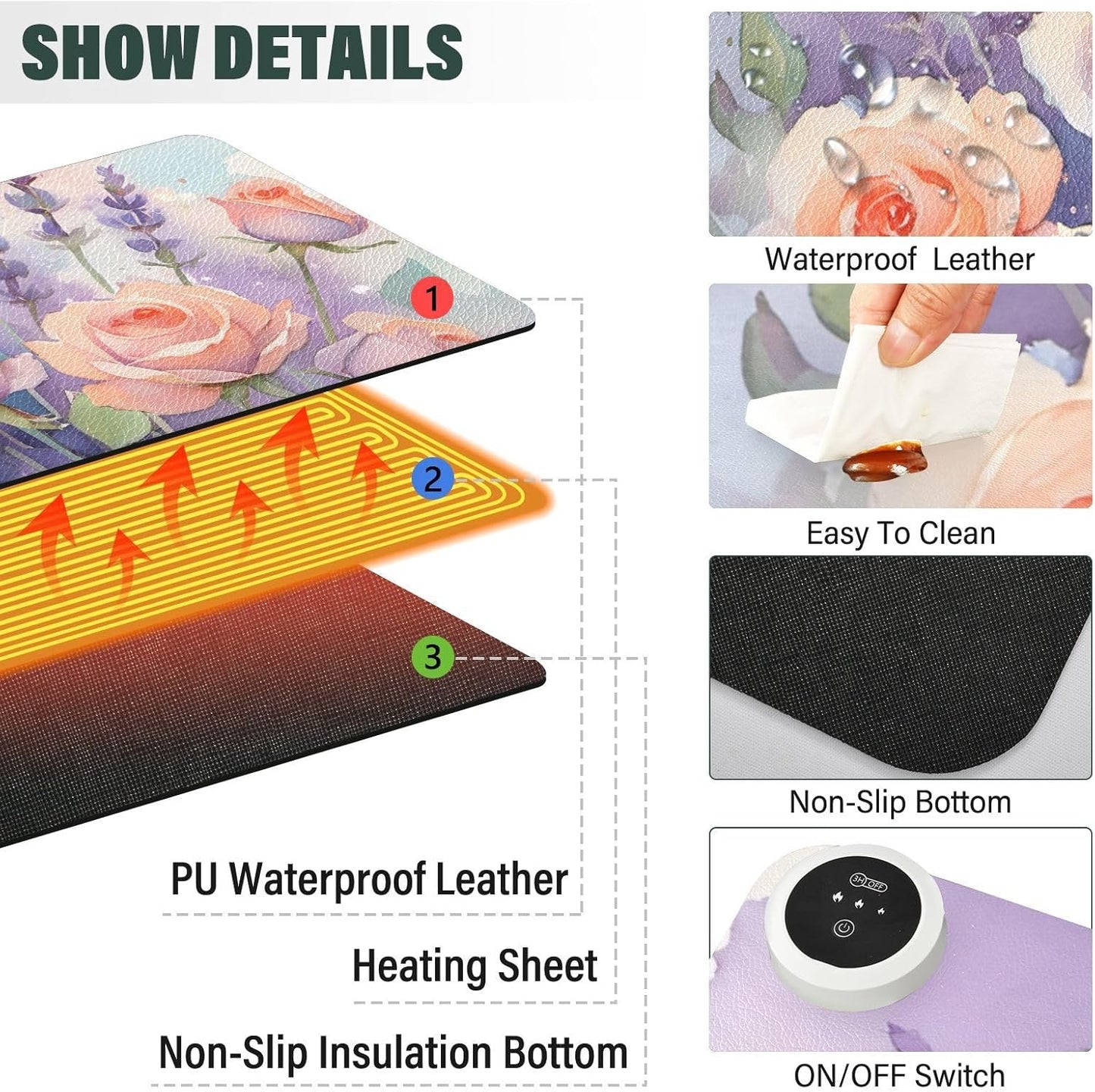 Large Heated Mouse Pad,Leather Desk Mat,31.5"x13",Hand Warmer Pads for Desk,Lavender Rose(Morandi)