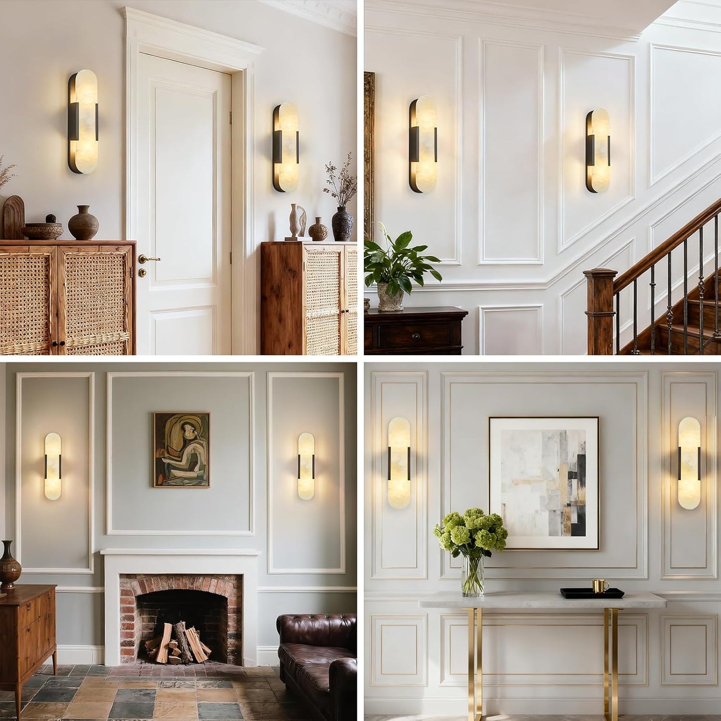 Alabaster Wall Sconces Set of Two, Modern Natural Marble Wall Sconces for Indoor Lighting, 19.7 in Black Wall Lights for Bathroom Dining Room Stairs Bedroom