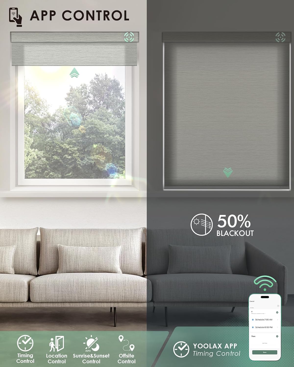 Yoolax Motorized Blinds with Remote, Light Filtering Smart Blinds Compatible with Alexa Google Home, Automatic Shades for Windows Living Room, Custom Size (50% Blackout V-Shimmer Horizontal Beige)