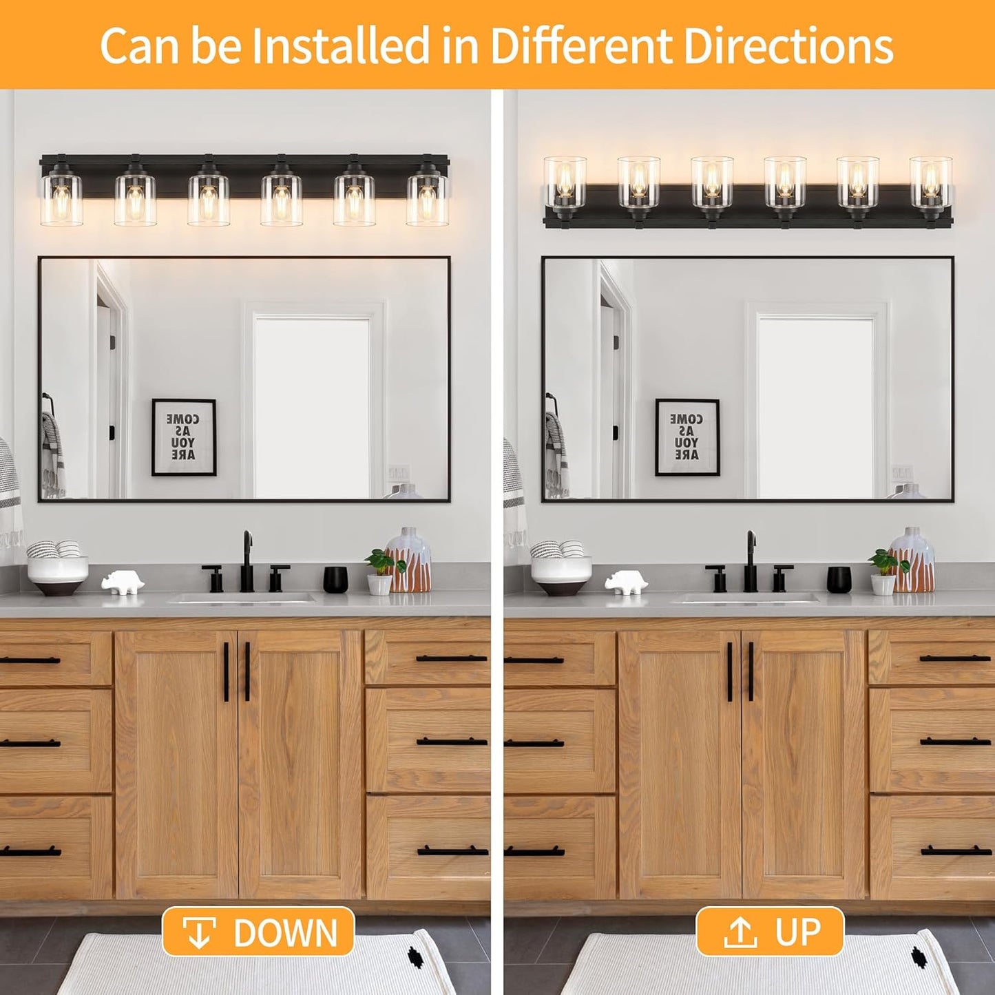 6 Light Modern Bathroom Light Fixtures Over Mirror, Black Vanity Lights for Bathroom Wall Sconces with Clear Glass Shades, E26 Socket (Bulbs Not Included)