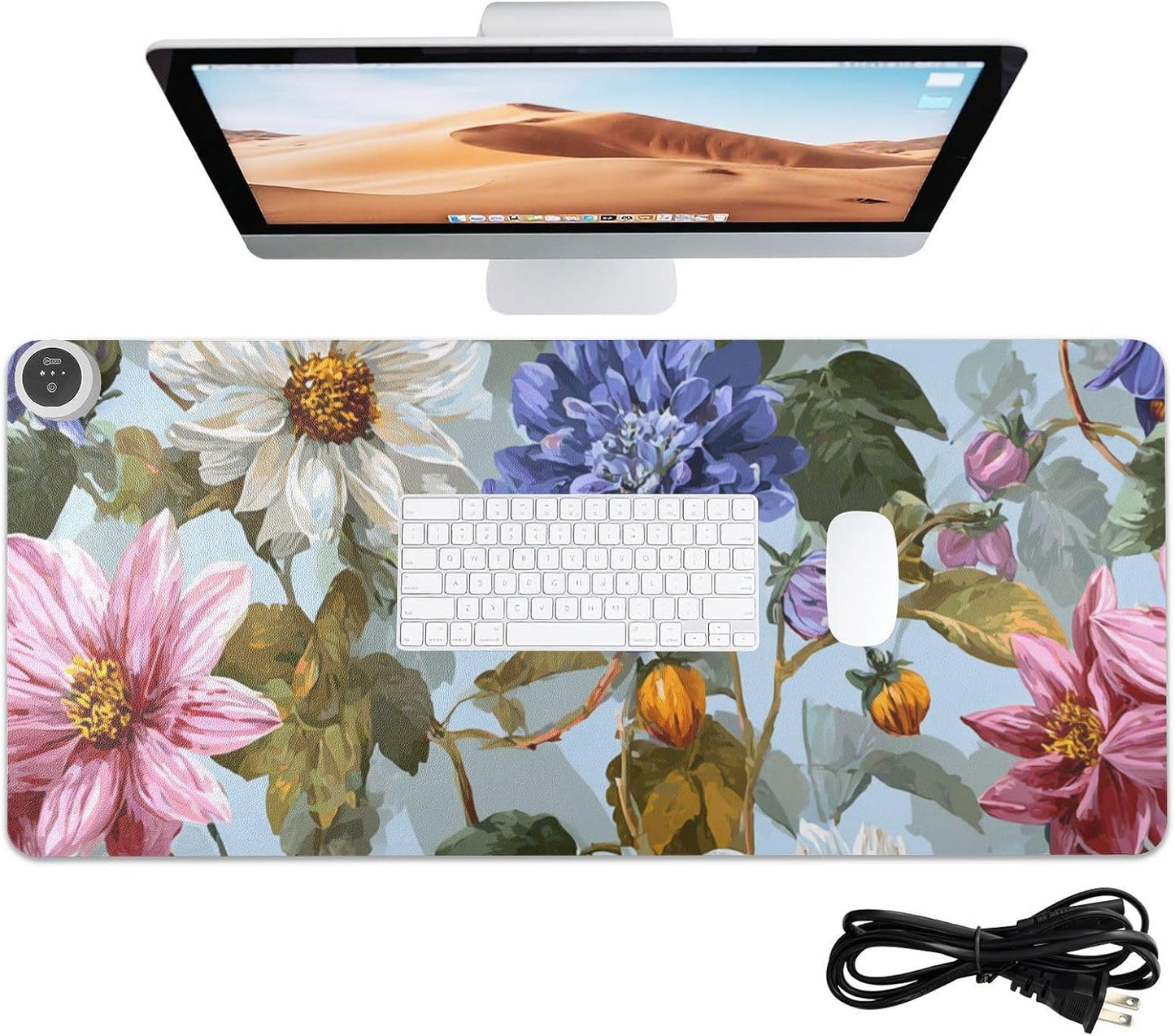 Heated Desk Pad Mouse Pad 31.5x13 Inch PU Leather Desk Mat with 3 Heat Levels Large Mouse Gaming Computer Laptop Mat Blue Daisies Dahlias Bluebells
