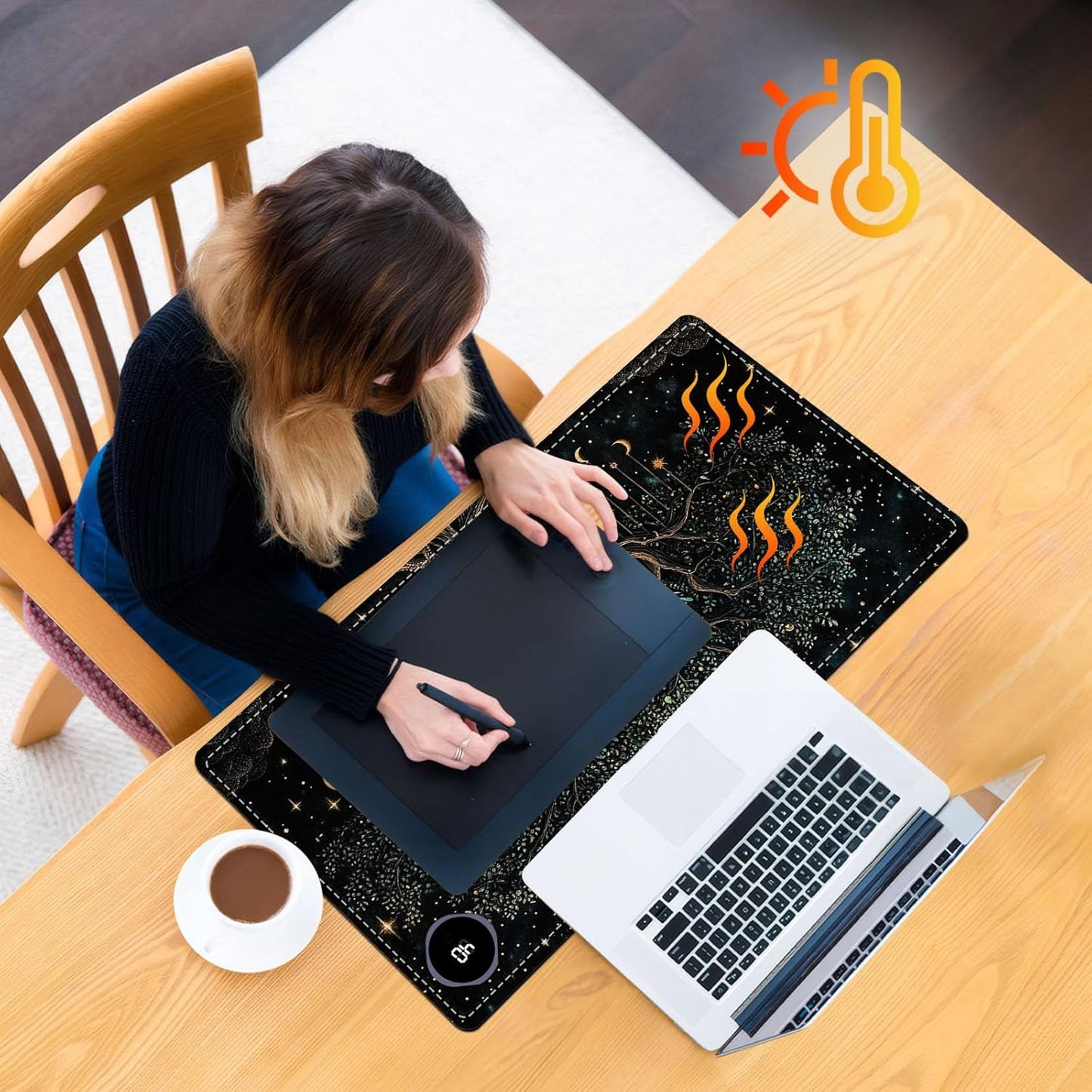 Heated Mouse Pad 23.6 x 14 in 3-Temp Fast Heating Desk Mat with Auto Timer Warmer for Hands Wrist Pain Relief Waterproof Keyboard Mat for Office, Gaming, Home, Moonlit Tree Art