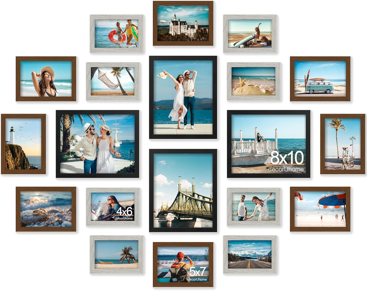 decorUhome Assorted Picture Frames Collage Wall Decor for Photo Gallery Display Set of 20 Including Four 8x10 / Eight 5x7 / Eight 4x6 for Family Wall Decor, Black/Brown/Grey, 20 Pack