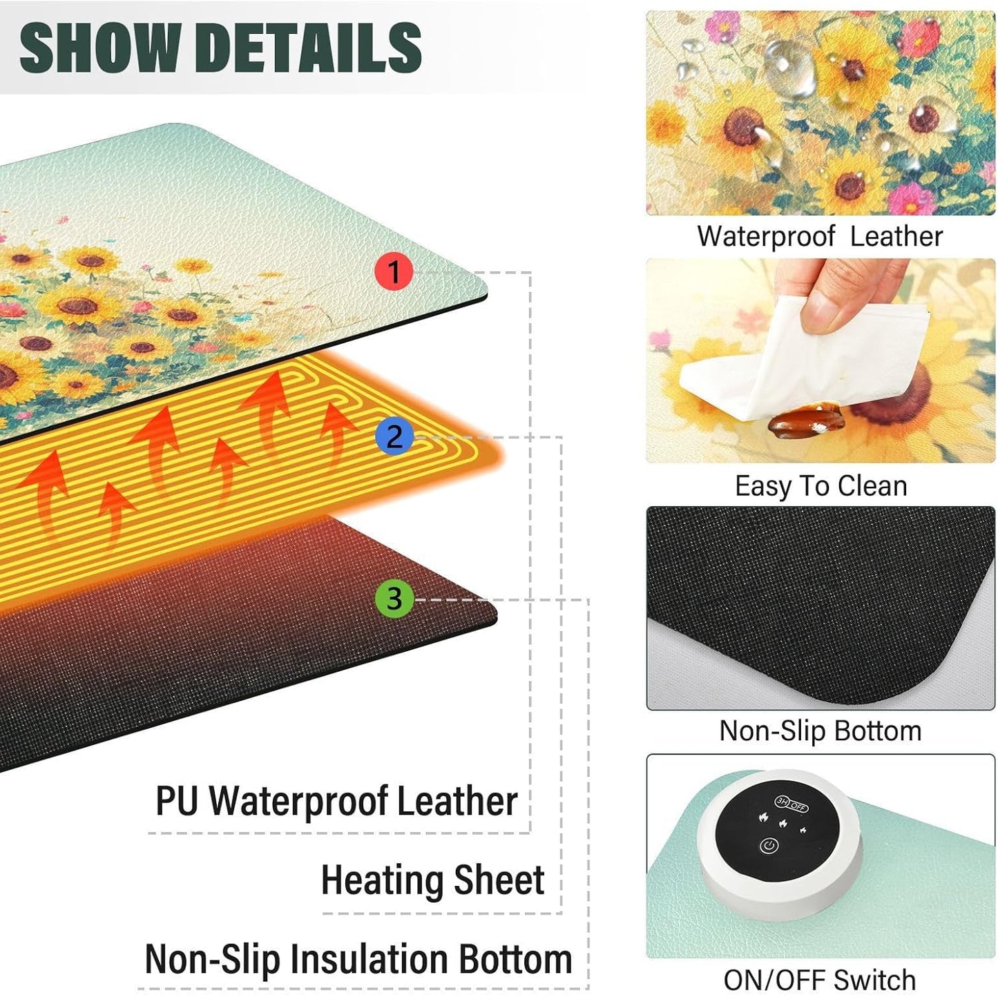 Large Heated Mouse Pad,Leather Desk Mat,31.5"x13",Hand Warmer Pads for Desk,Sunflower(Yellow)