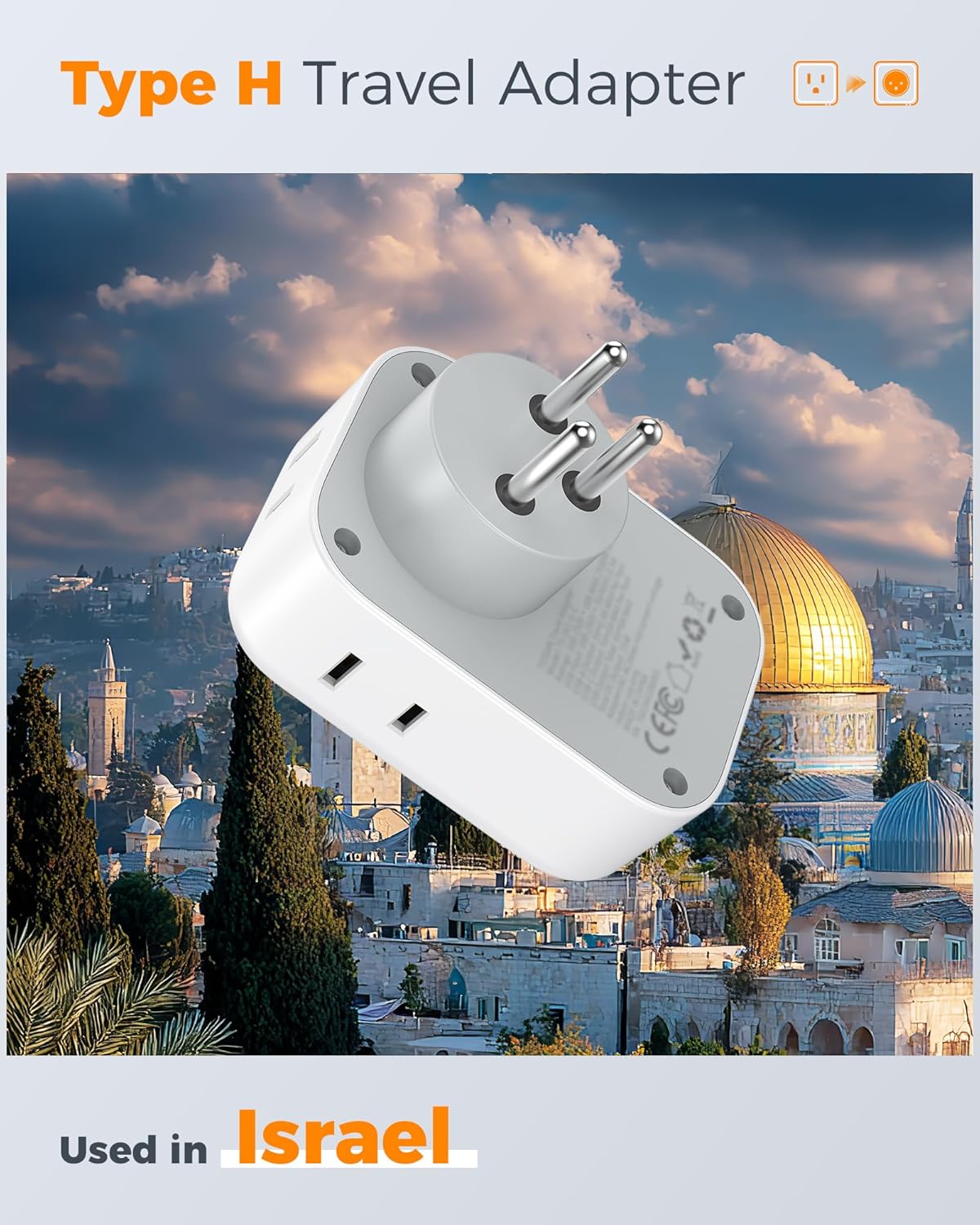 TESSAN Israel Adapter Plug 2 Pack, 7 in 1 US to Israel Power Adapter with 3 USB Ports (1 USB C Port) 4 American Outlets, Type H Travel Adaptor for USA to Jerusalem