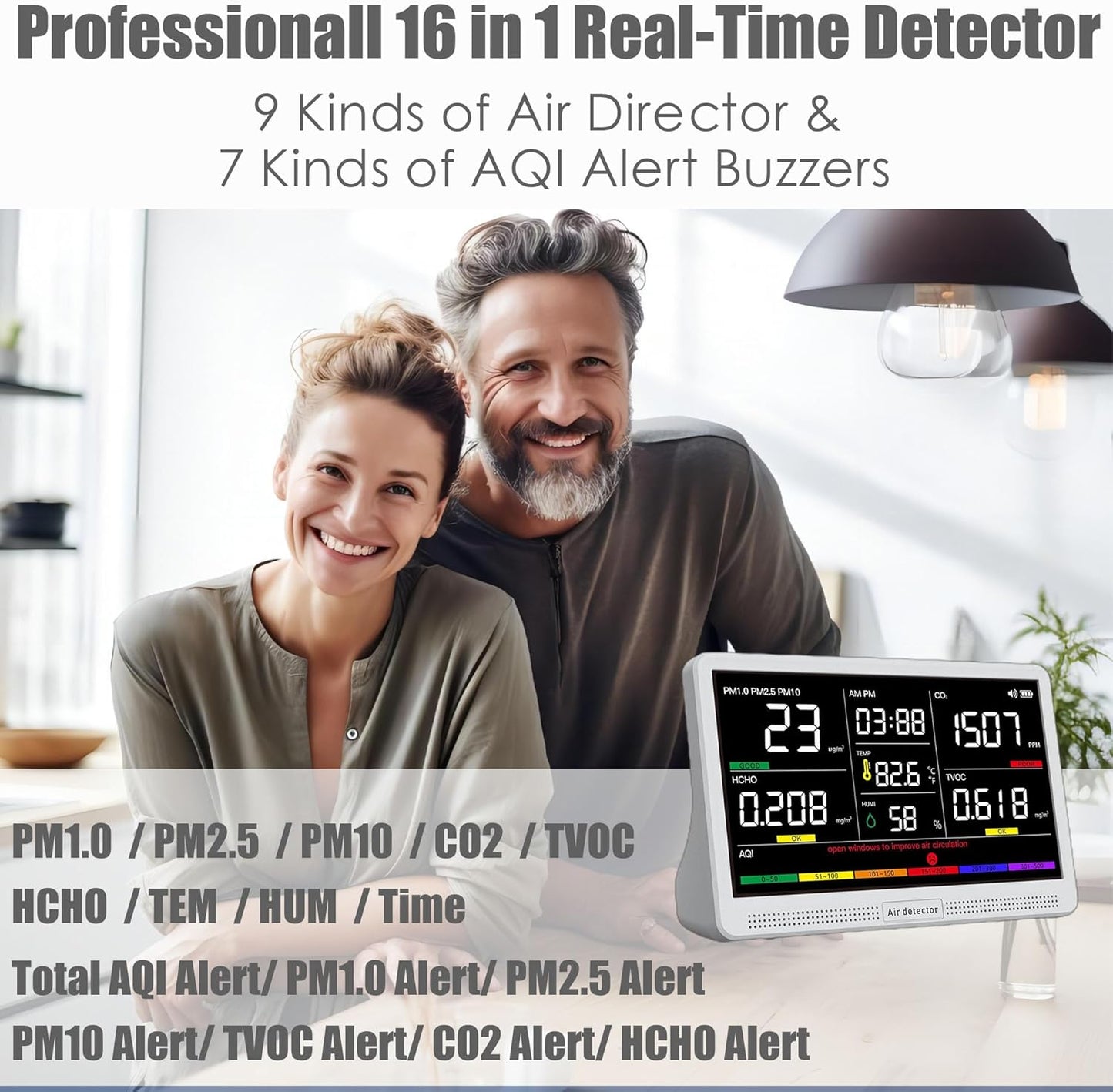 Professional Indoor Air Quality Monitor with 7X AQI Beep Alarms,16 in 1 Portable Real-Time Detector for PM2.5 | PM10 | CO2 | TVOC | HCHO | Temp | Hum for Home Cars Plants Pets