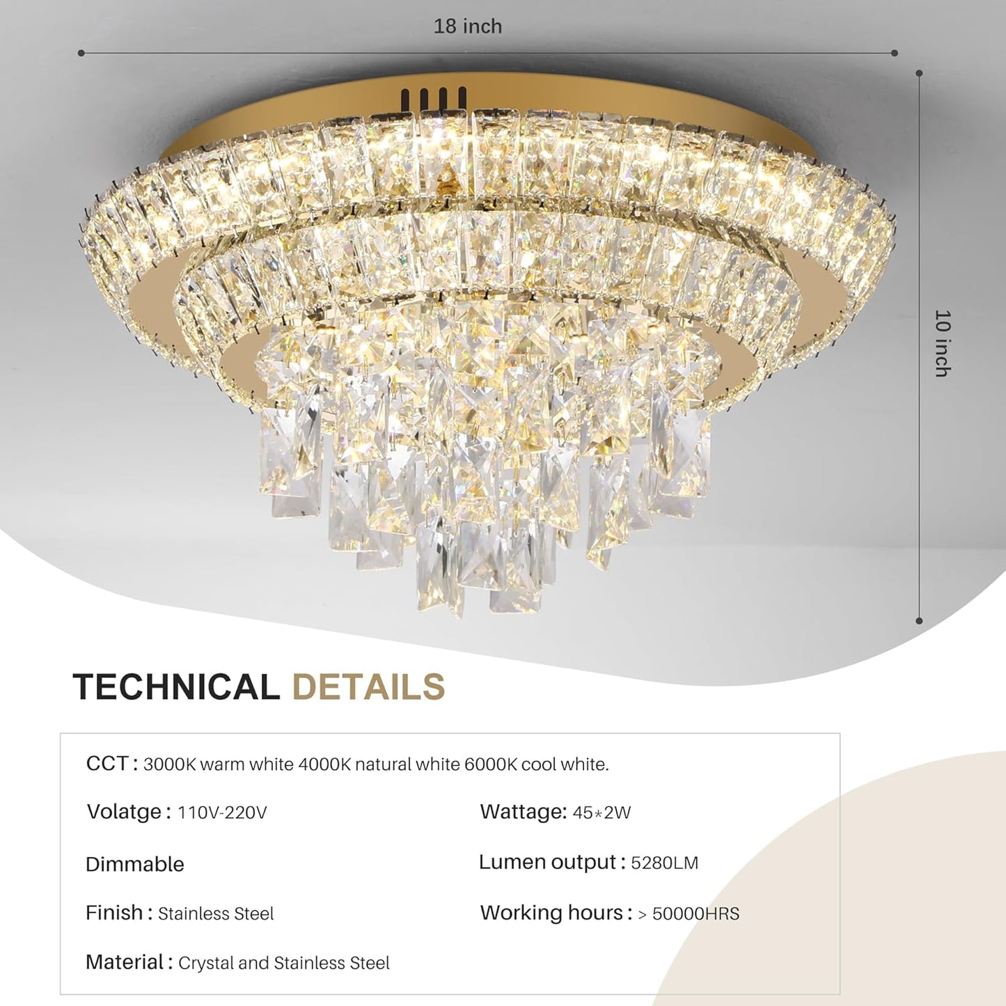 18 inch Flush Mount Crystal Chandeliers with Remote and App Gold, Modern Elegant LED Crystal Raindrop Ceiling Light Fixture, 3CCT Dimmable, for Living Room Kitchen Island Bedroom Entryway Foyer