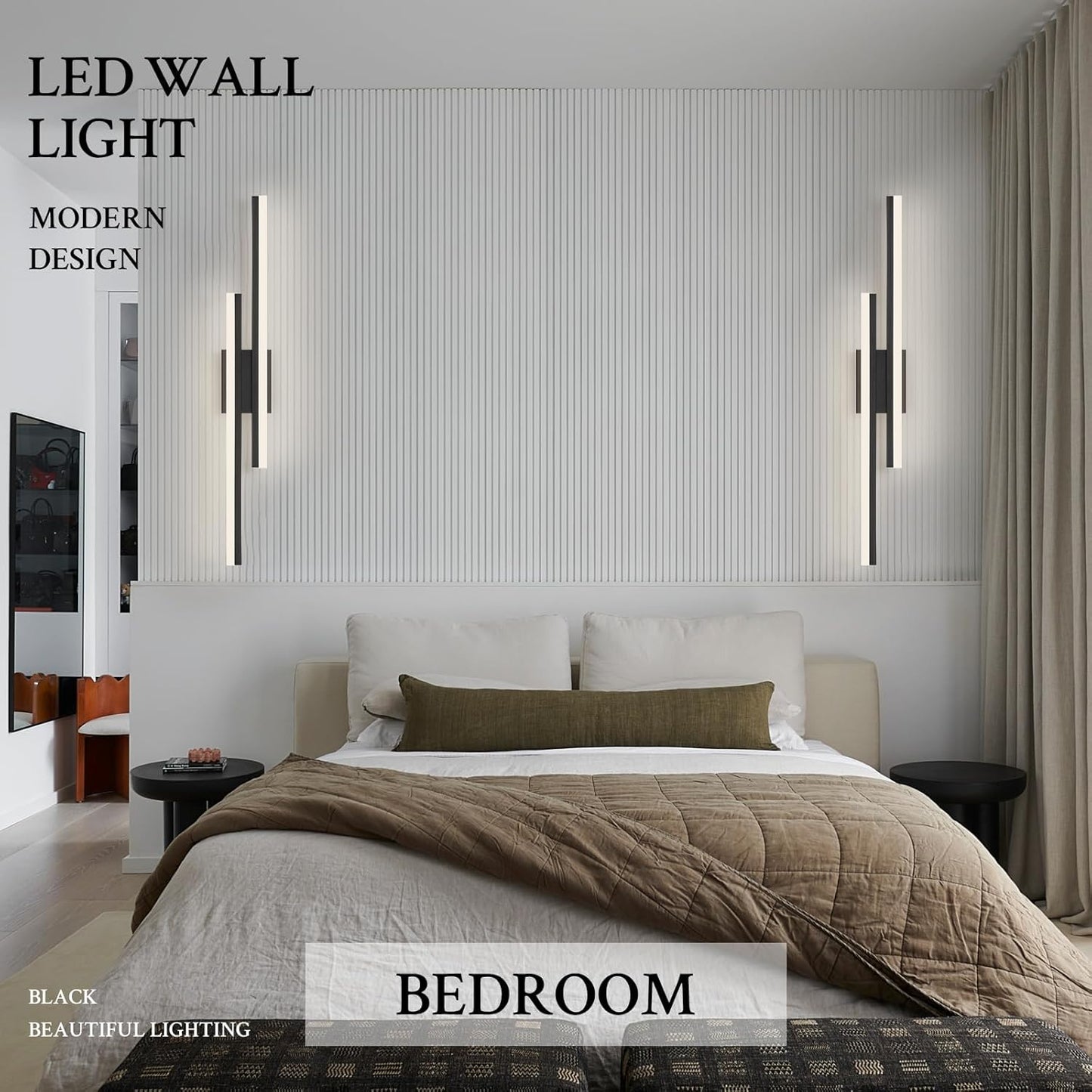 LED Wall Sconce Set of 2 Black Remote Modern LED Vanity Lights Set of 2 Indoor Wall Light Fixtures for Living Room, Dimmable Wall Sconce for Bedside Bedroom Bathroom, 31.5inch 2 Pack