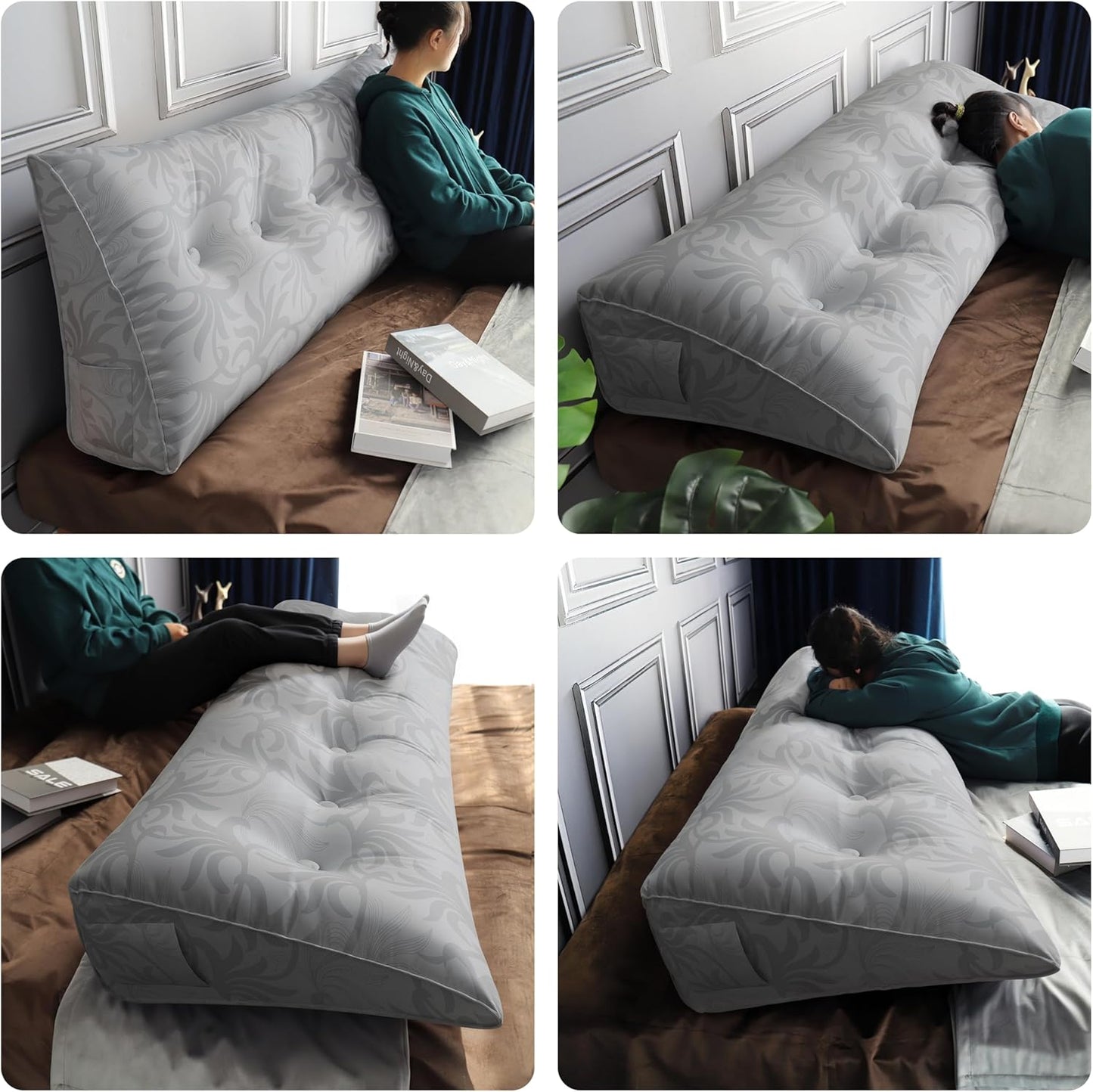 WOWMAX Wedge Pillow Headboard Dorm Headboard Twin XL Bed Silver Bolster Pillow for Bed, Jacquard Satin Fabric 100% Pure Cotton, Light Grey