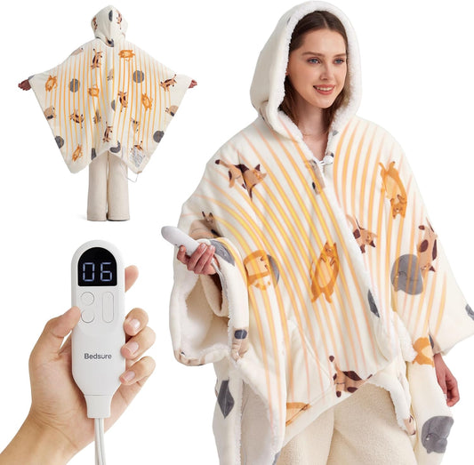 Bedsure Heated Blanket Wearable Shawl - Electric Wrap Poncho Blanket Hoodie for Adult, Winter Gifts for Mom Women Girlfriend, Warm Sherpa Heating Throw, Auto Shut Off, 55x64 inches, Printed Cat