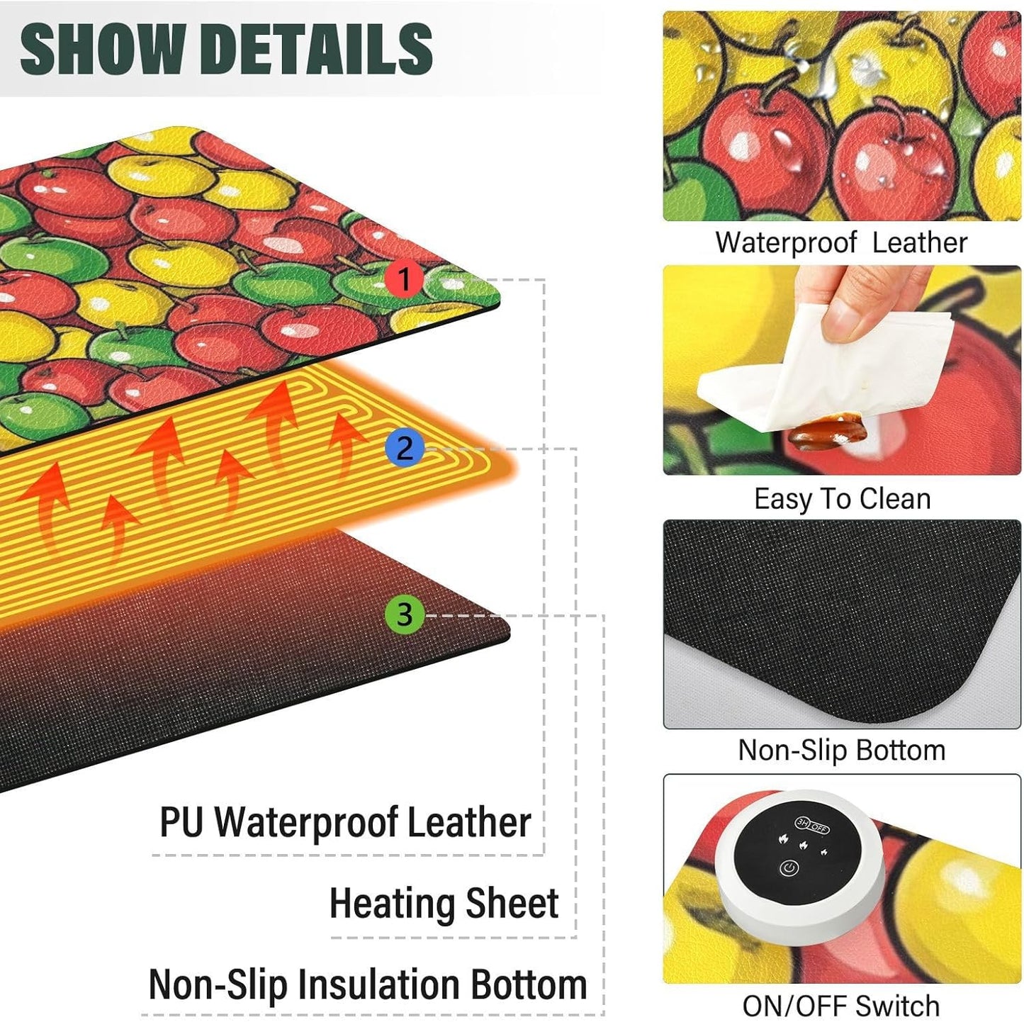 Heated Desk Pad Mouse Pad 31.5x13 Inch PU Leather Desk Mat with 3 Heat Levels Large Mouse Gaming Computer Laptop Mat Apples Colorful