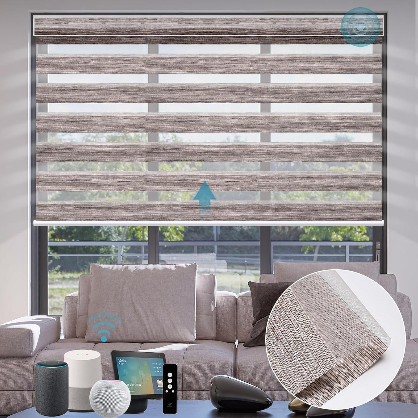 SmartWings Motorized Zebra Shades - Compatible with HomeKit, Alexa, SmartThings, Google - Remote Control Light Filtering Sheer Shades, 50% Blackout, Customized for Smart Home/Office