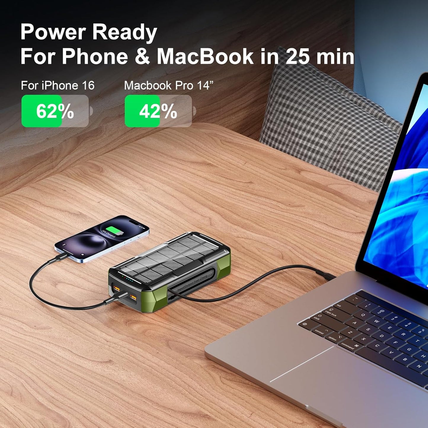 Solar Charger Power Bank 73200mAh, Portable Laptop Charger with 100W USB-C in/Output, Built-in Cables, Hand Crank Power Bank for Mobile Phones, Ideal for Outdoor Use with SOS/Strobe/Strong (green)