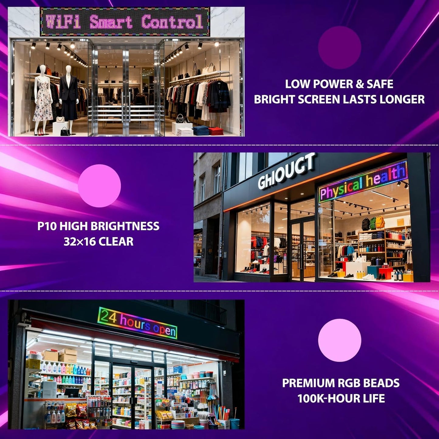 Programmable Led Sign with Full Color Display - Energy Saving and Waterproof Led Message Board for Schools, Shops and Cafes, Supports wifi Connection,77"x14"