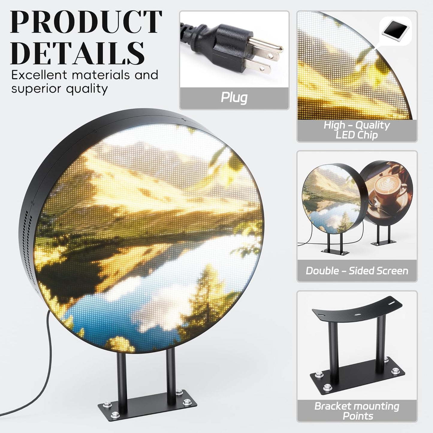 P2.5 Round Double-Sided LED Store Sign Programmable, Waterproof Full Color Custom Digital Display Screen, Video, Image, Text Signage Panel Board for Outdoor Business Advertising 20" Black
