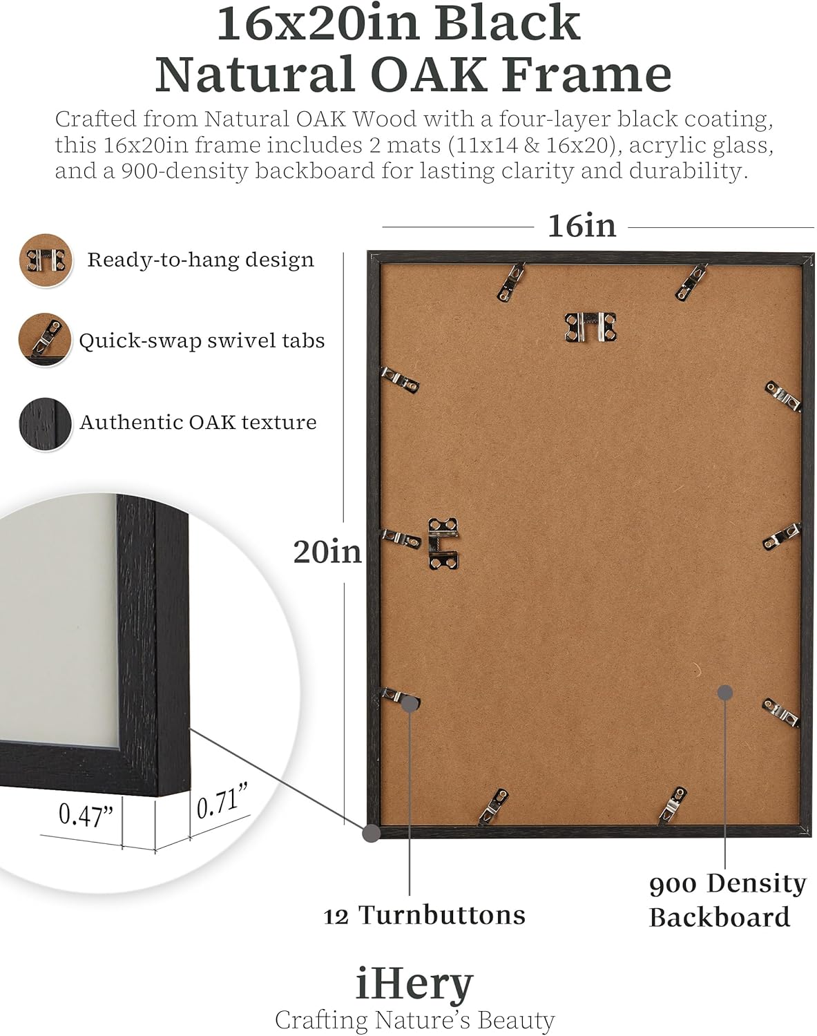 iHery Standard 16x20in Truly Natural OAK Wood Black Color Picture Frame with High Transparency Acrylic Glass Thickened Backboard, Photo Frames Minimalistic Design Narrow Border 1Pack