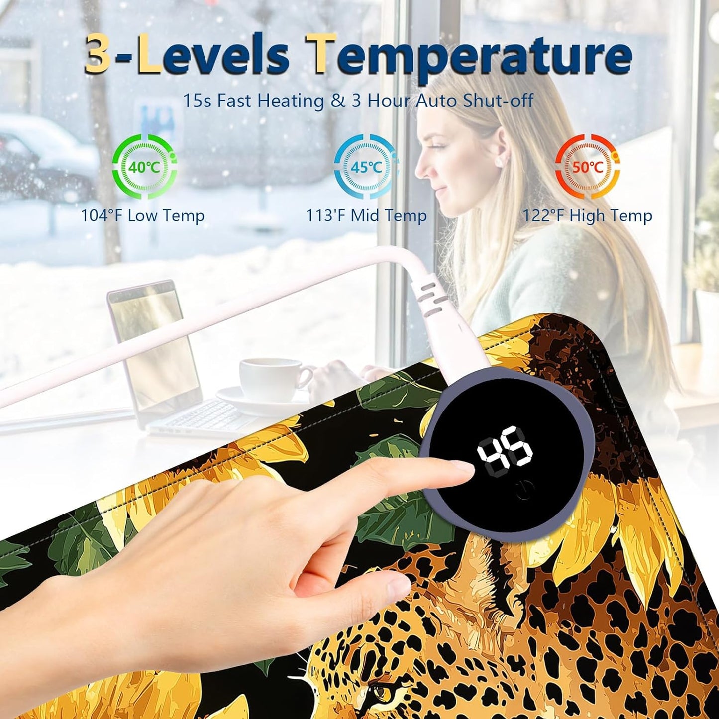 Heated Mouse Pad with 3 Temperature Settings(104°F–122°F),Large 31.5x13 Inch PU Leather Heated Desk Mat,Waterproof Warming Pad for Office,Gaming & Cold Hands Relief,Sunflowers Leopard Print