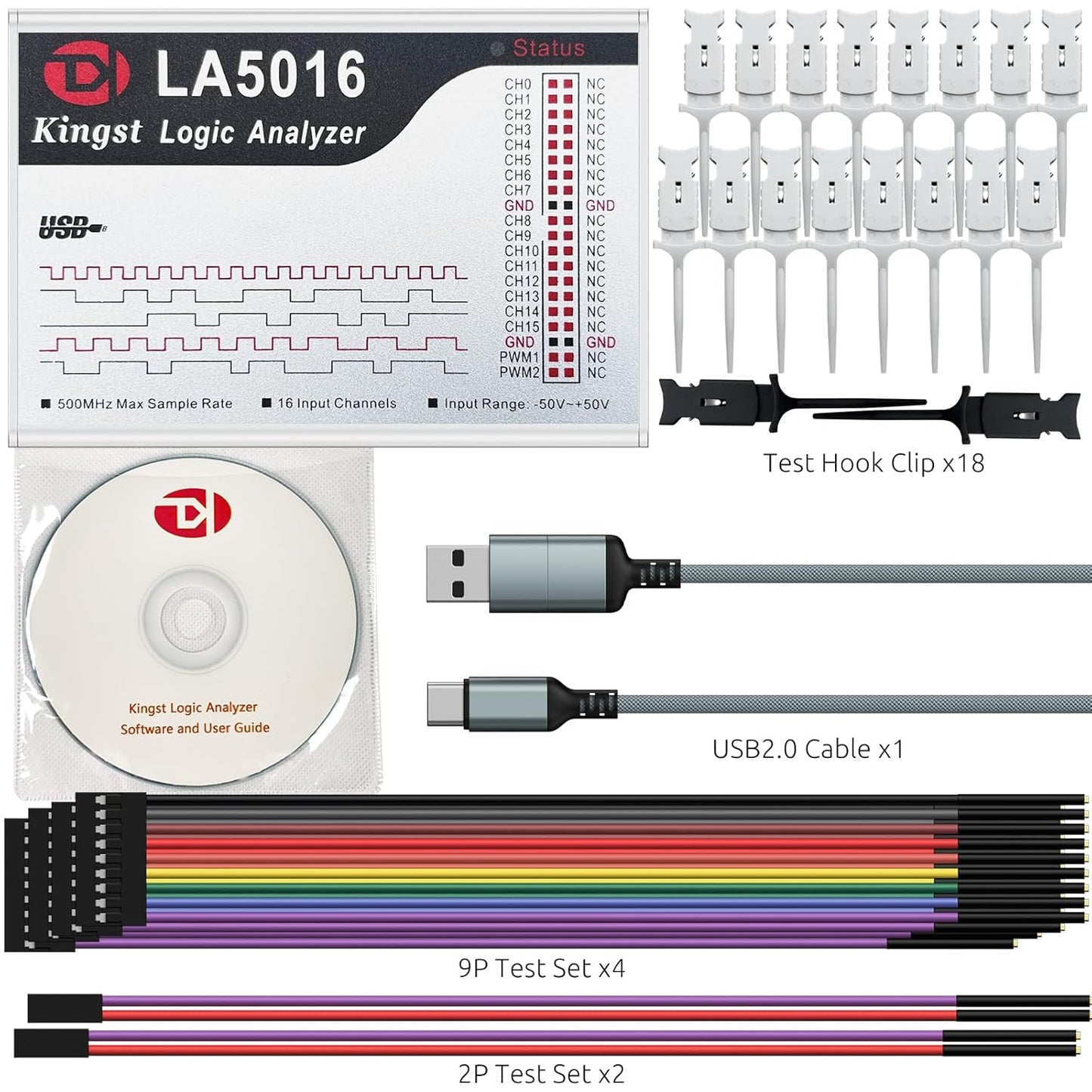 LA5016 USB Logic Analyzer - 16 Channels 500MS/s 10GB Depth PWM Generator, MCU ARM FPGA Debug Tool, English Software, Support for Windows, macOS, Linux