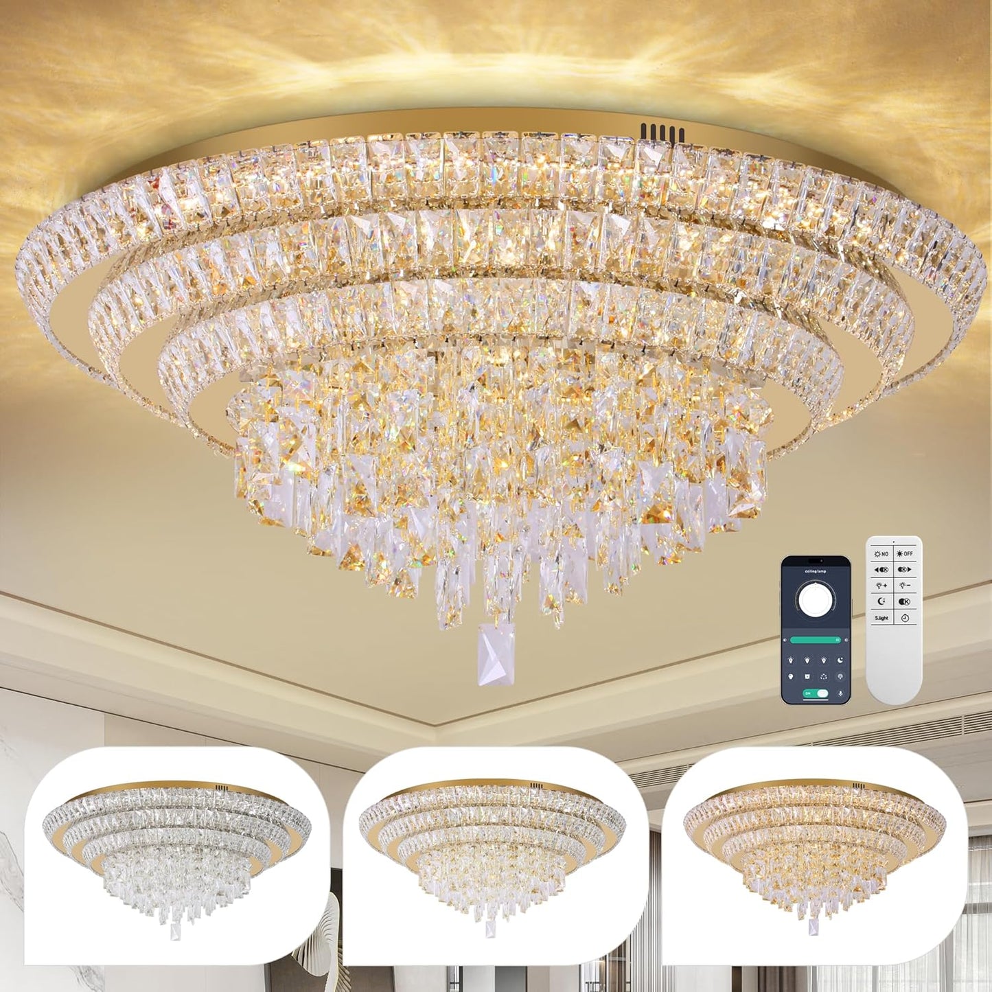 30 inch Flush Mount Crystal Chandeliers with Remote and APP Gold, Modern Elegant LED Crystal Raindrop Ceiling Light Fixture, 3CCT Dimmable, for Living Room Kitchen Island Bedroom Entryway Foyer