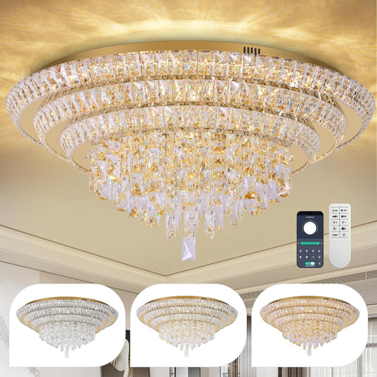 30 inch Flush Mount Crystal Chandeliers with Remote and APP Gold, Modern Elegant LED Crystal Raindrop Ceiling Light Fixture, 3CCT Dimmable, for Living Room Kitchen Island Bedroom Entryway Foyer