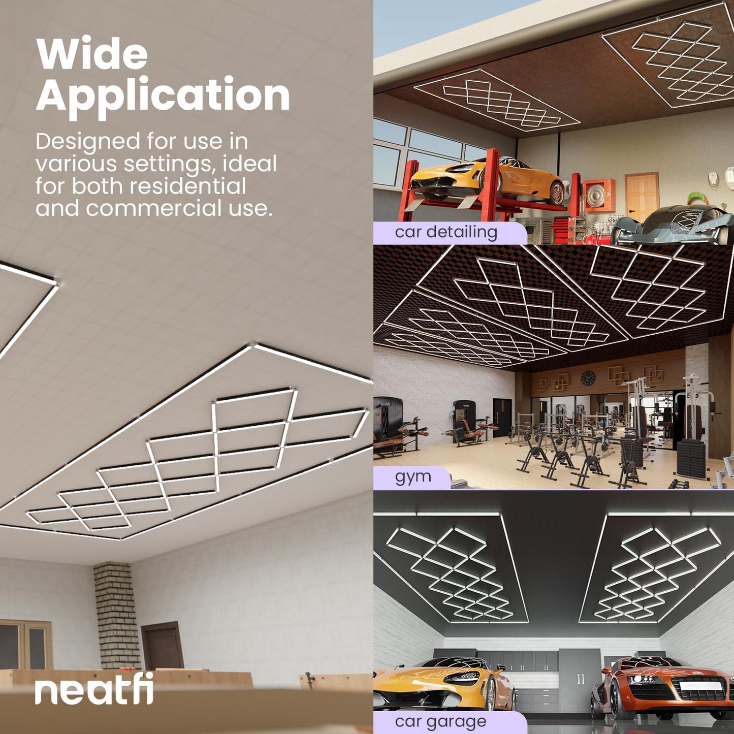 Neatfi LED Garage Lights, 56,320 Lumens, 6500K, 512W, Ultra-Bright Ceiling Lighting for Auto Shops, Car Detailing, Barber Shop, Beauty Salon, Warehouse, Basement, and Gym (Diamond Grid, White)