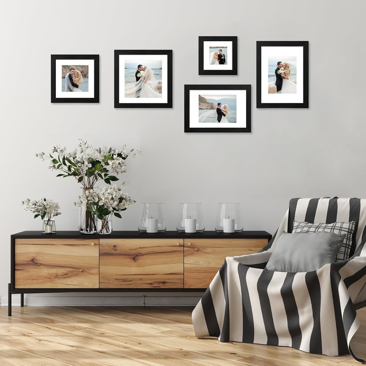iRahmen 10x10 Picture Frame Set of 4 with HD Glass, Black Frames Display 8x8 Picture with Mat or 10 x 10 Without Mat, Wooden Photo Frames for Tabletop Display and Wall Mounting